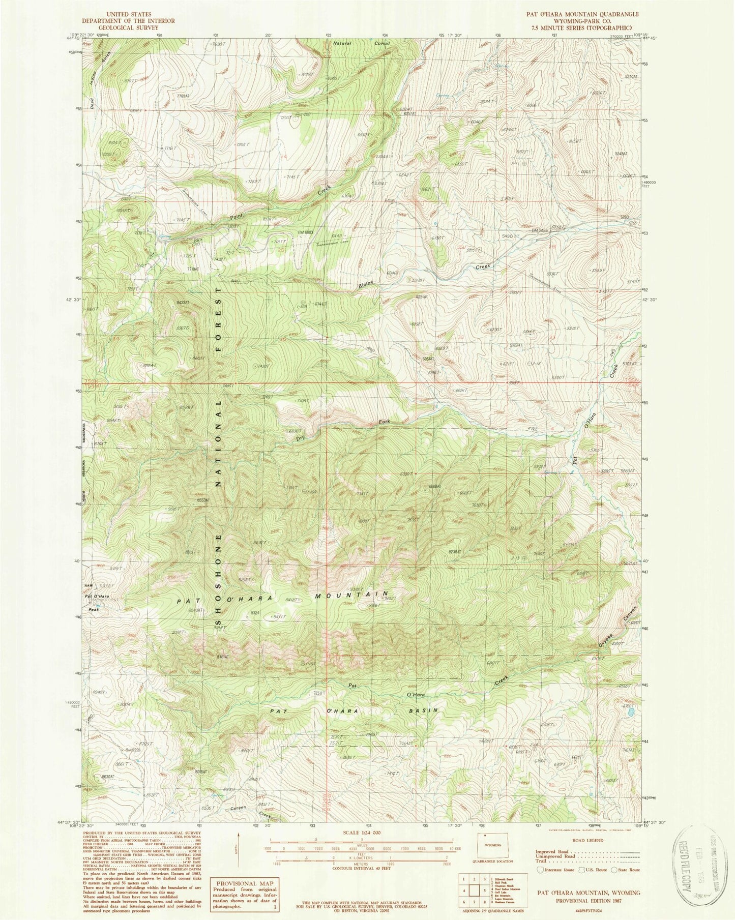 Classic USGS Pat O' Hara Mountain Wyoming 7.5'x7.5' Topo Map Image