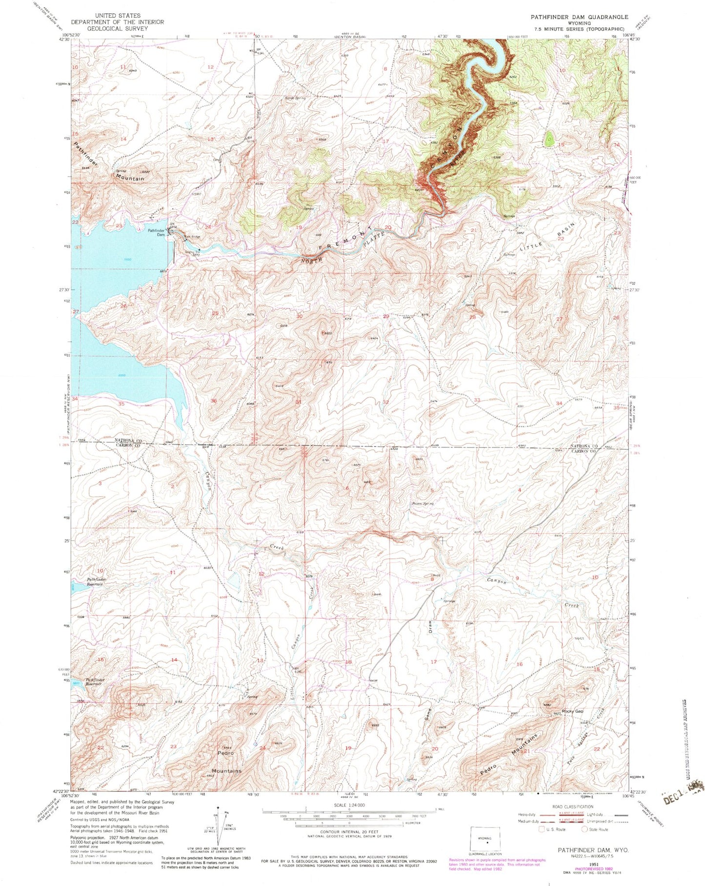 Classic USGS Pathfinder Dam Wyoming 7.5'x7.5' Topo Map Image