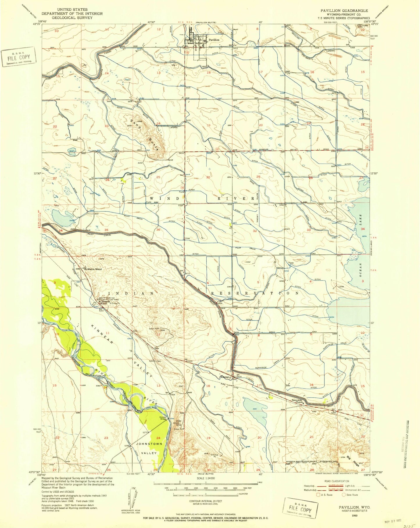 Classic USGS Pavillion Wyoming 7.5'x7.5' Topo Map Image