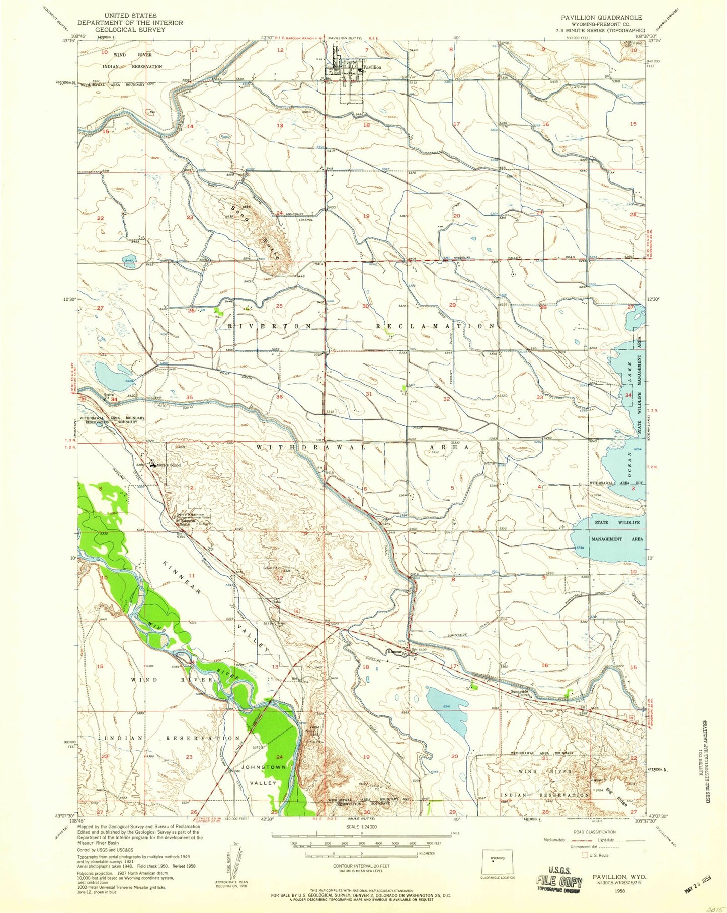 Classic USGS Pavillion Wyoming 7.5'x7.5' Topo Map Image
