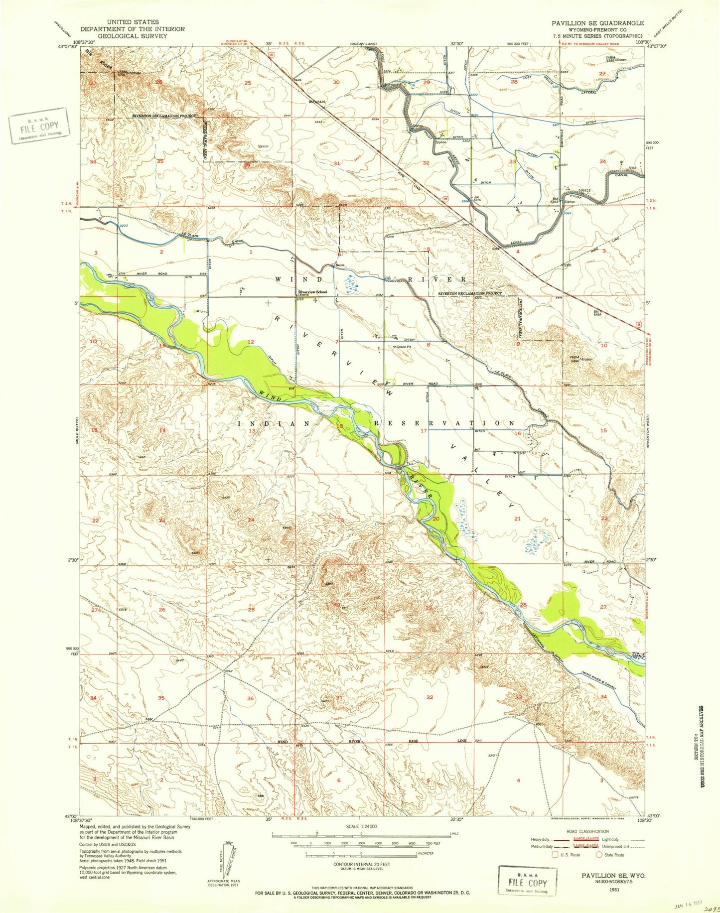 Classic USGS Pavillion SE Wyoming 7.5'x7.5' Topo Map Image