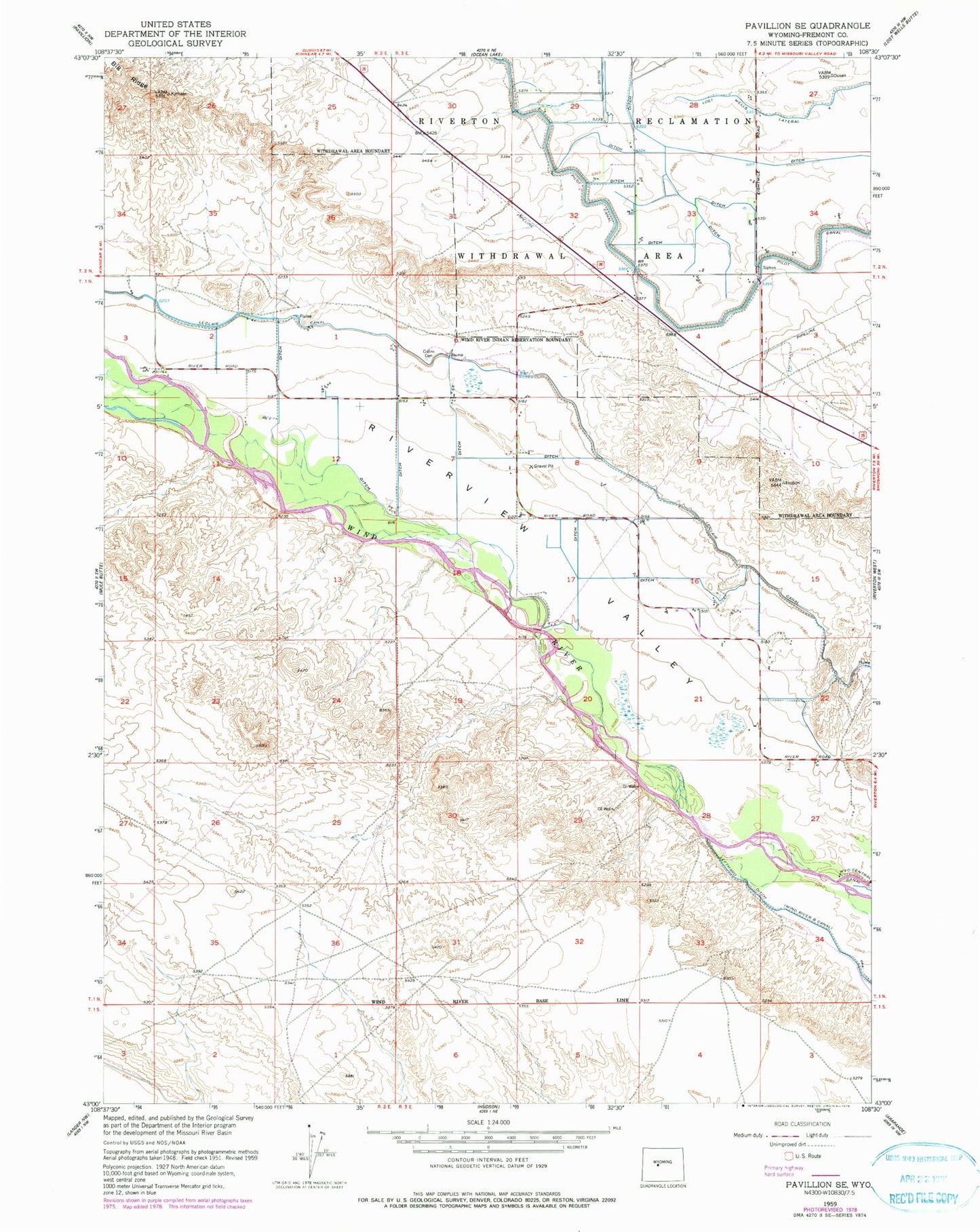 Classic USGS Pavillion SE Wyoming 7.5'x7.5' Topo Map Image
