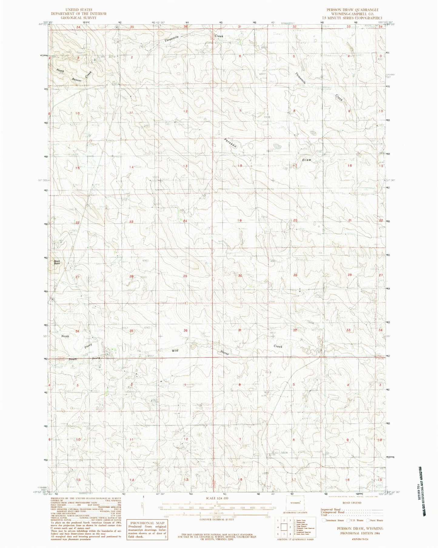 Classic USGS Persson Draw Wyoming 7.5'x7.5' Topo Map Image