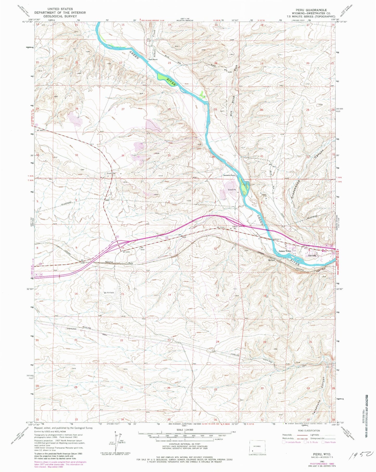 Classic USGS Peru Wyoming 7.5'x7.5' Topo Map Image