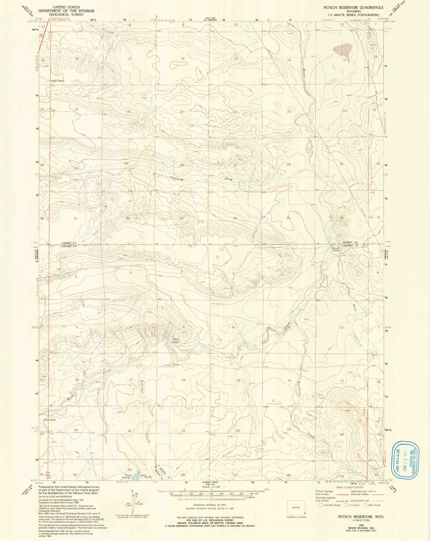 Classic USGS Petsch Reservoir Wyoming 7.5'x7.5' Topo Map Image