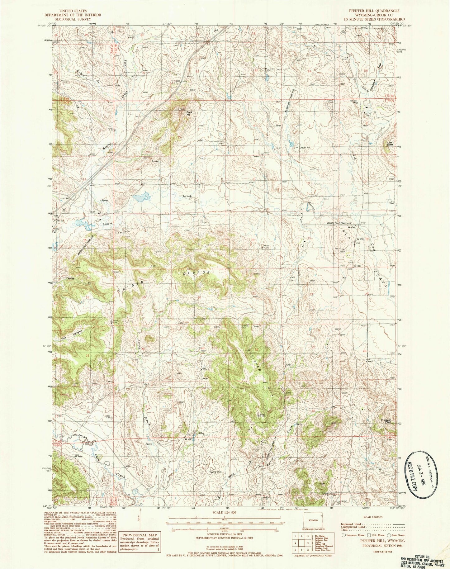 Classic USGS Pfeiffer Hill Wyoming 7.5'x7.5' Topo Map Image