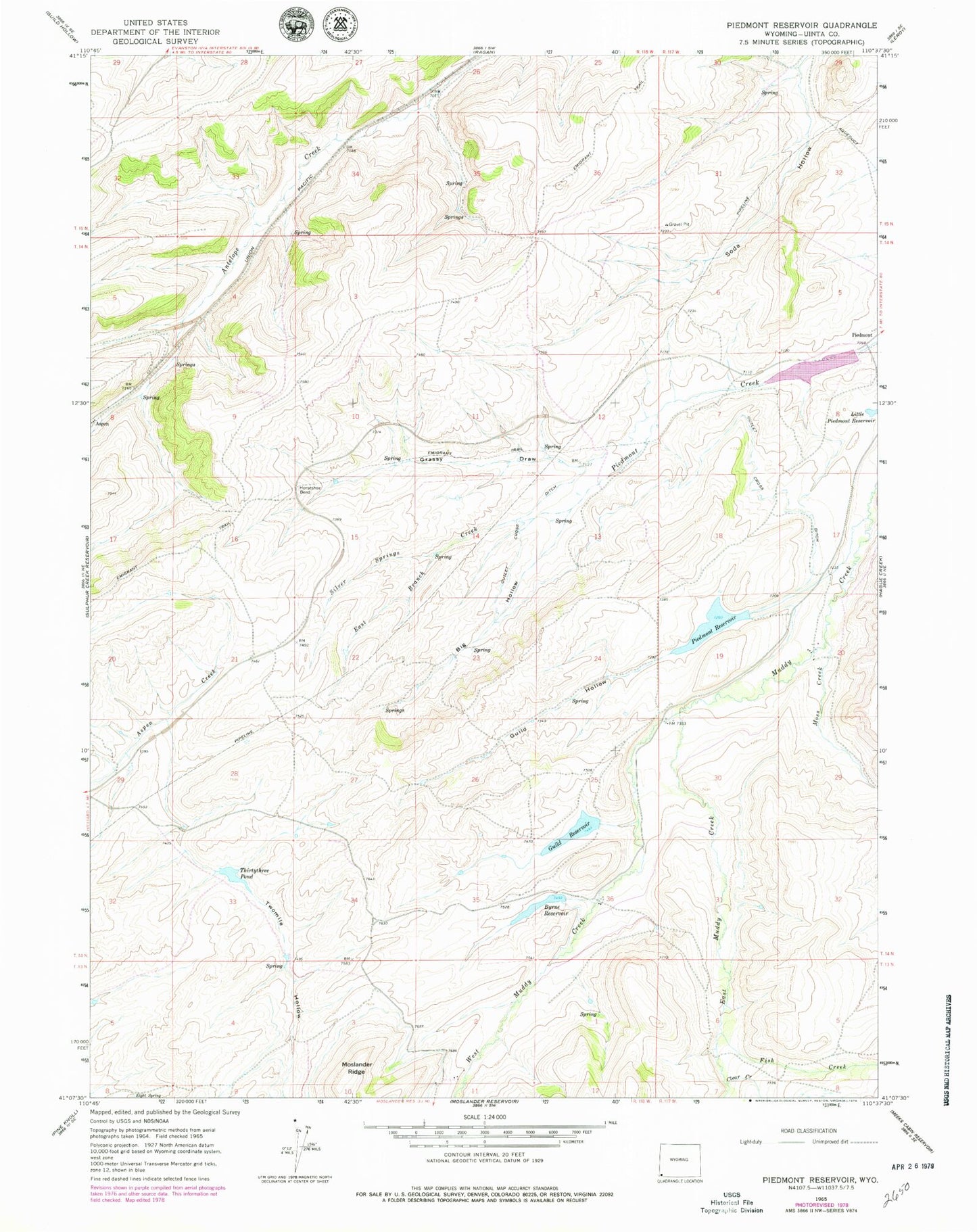 Classic USGS Piedmont Reservoir Wyoming 7.5'x7.5' Topo Map Image