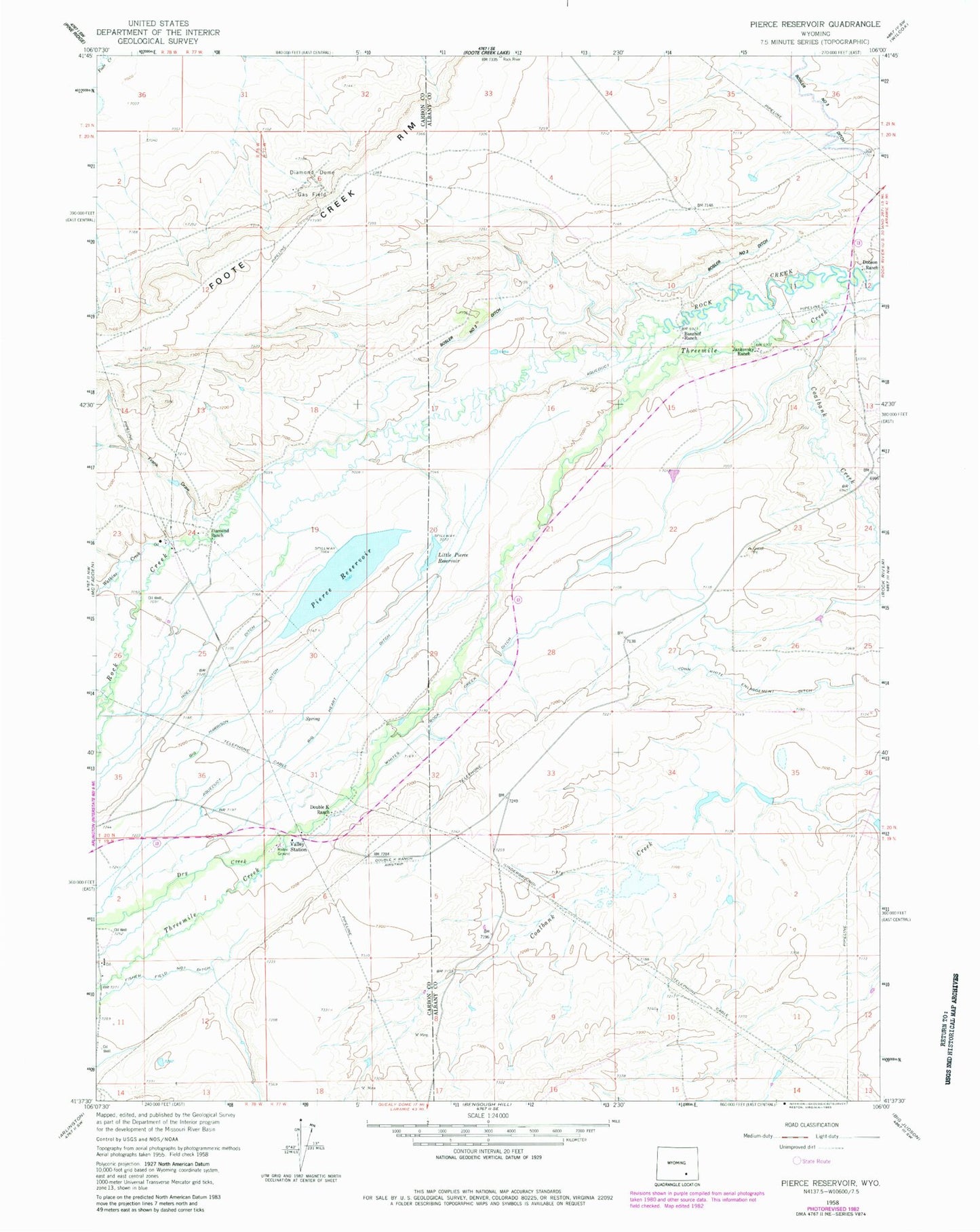 Classic USGS Pierce Reservoir Wyoming 7.5'x7.5' Topo Map Image