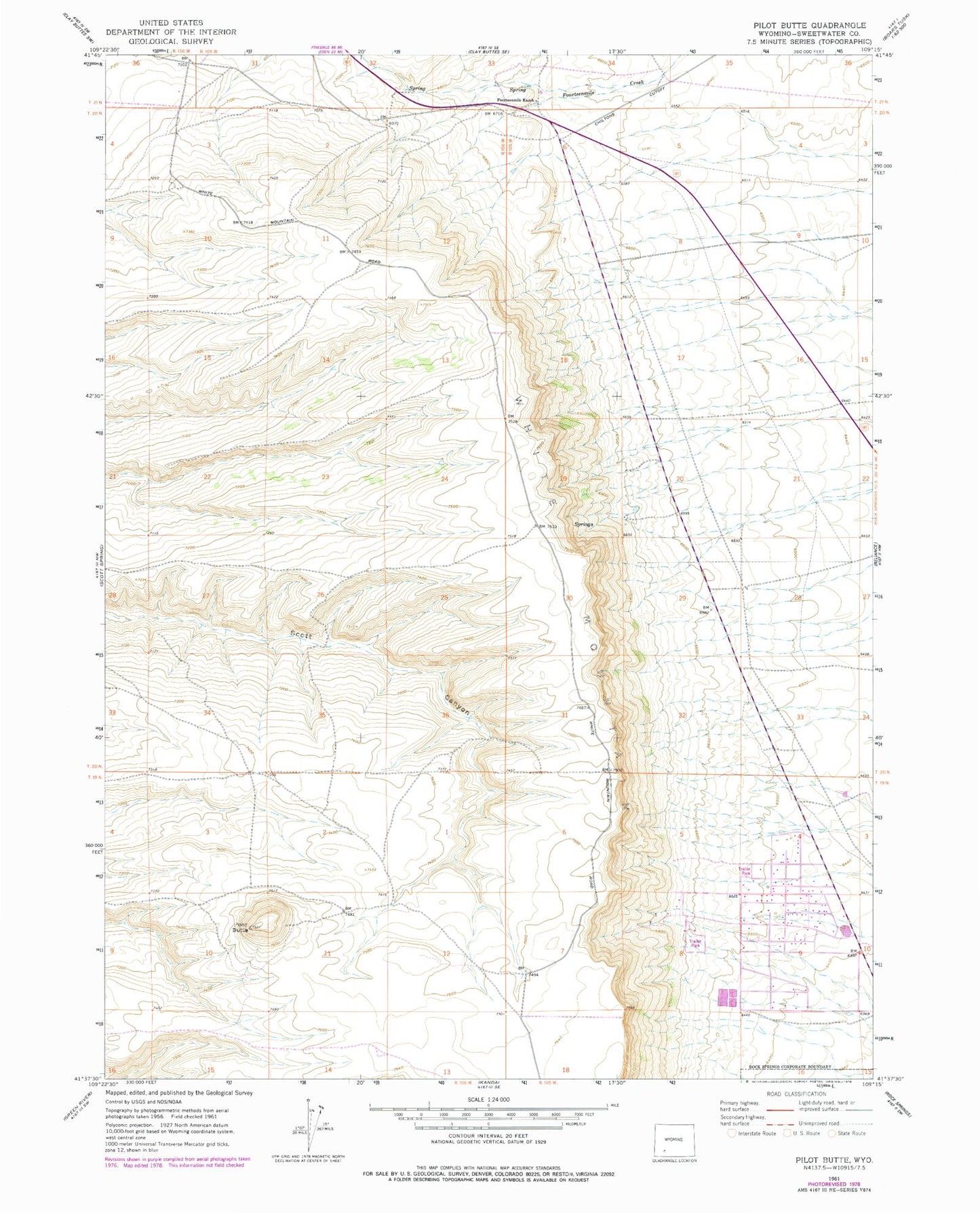 Classic USGS Pilot Butte Wyoming 7.5'x7.5' Topo Map Image