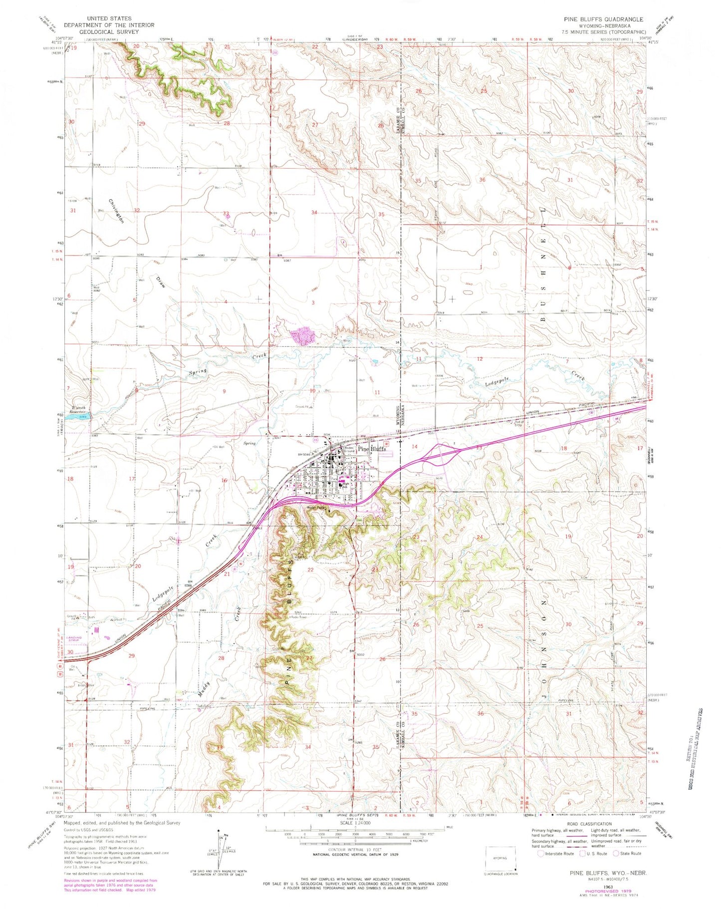 Classic USGS Pine Bluffs Wyoming 7.5'x7.5' Topo Map Image