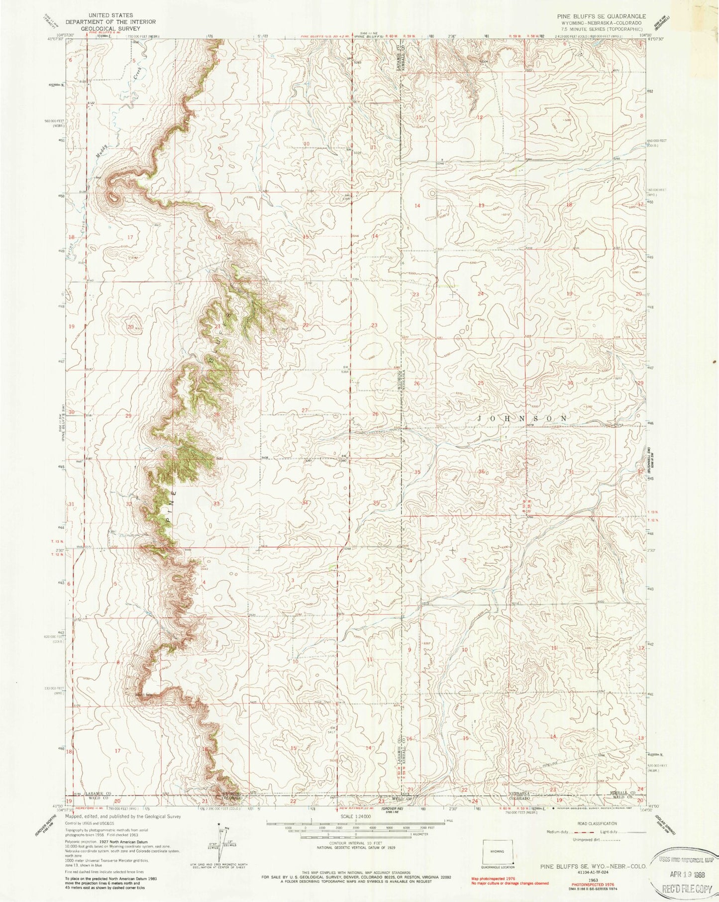 Classic USGS Pine Bluffs SE Wyoming 7.5'x7.5' Topo Map Image