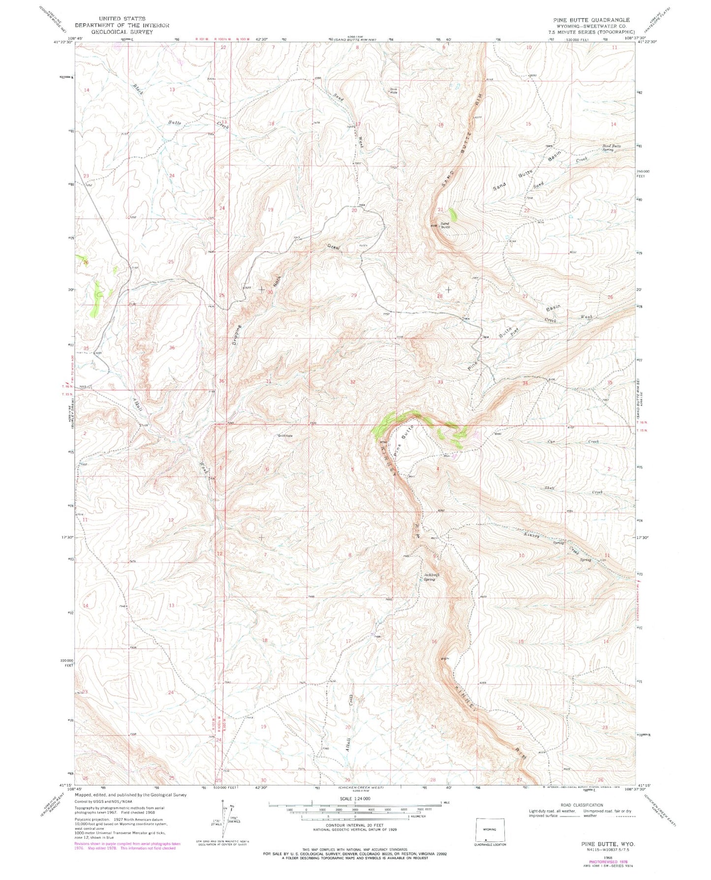 Classic USGS Pine Butte Wyoming 7.5'x7.5' Topo Map Image