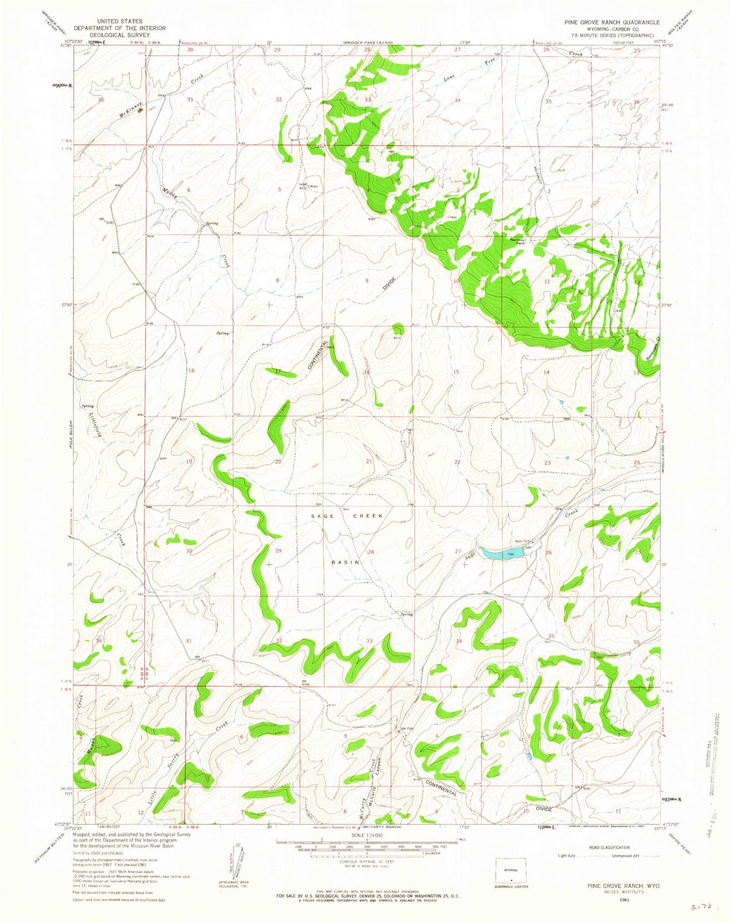 Classic USGS Pine Grove Ranch Wyoming 7.5'x7.5' Topo Map Image