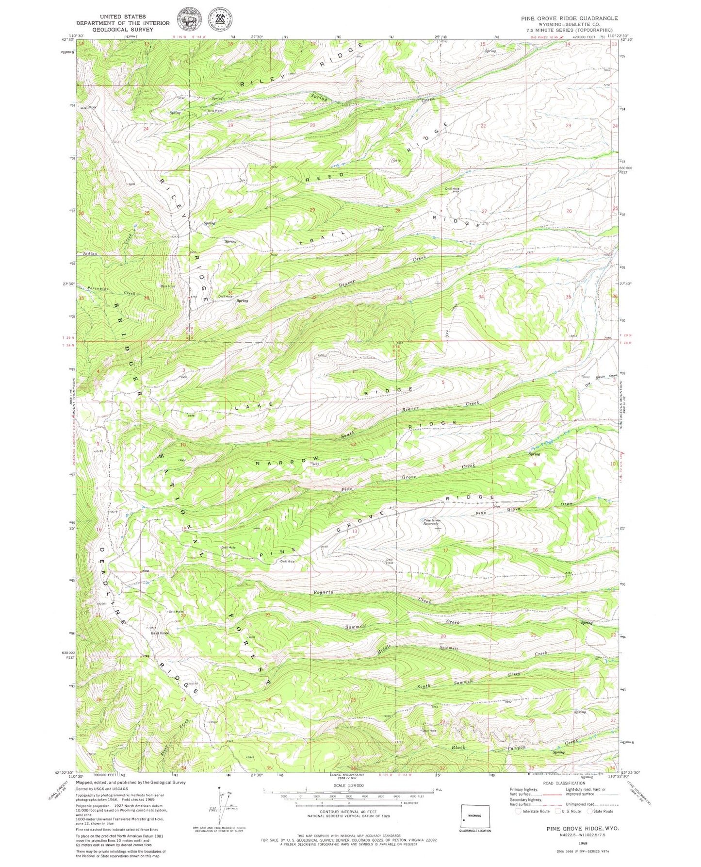 Classic USGS Pine Grove Ridge Wyoming 7.5'x7.5' Topo Map Image