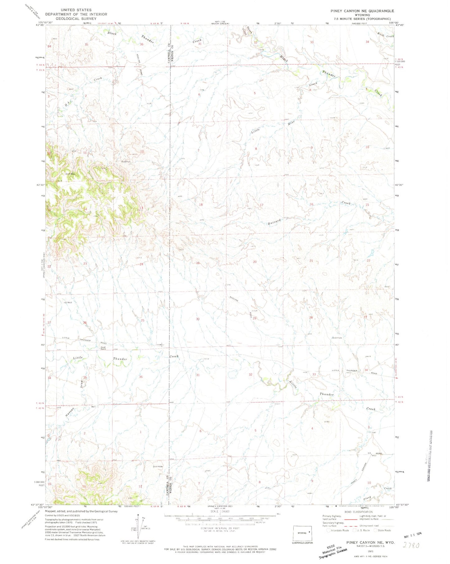 Classic USGS Piney Canyon NE Wyoming 7.5'x7.5' Topo Map Image
