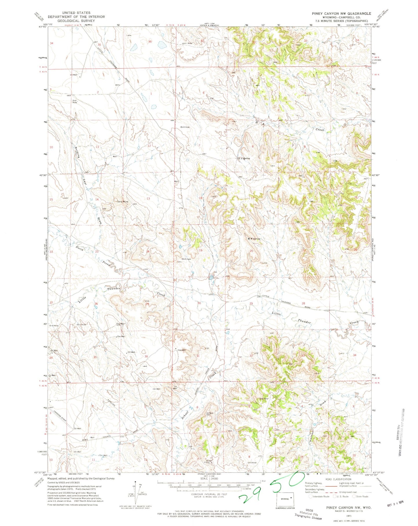 Classic USGS Piney Canyon NW Wyoming 7.5'x7.5' Topo Map Image