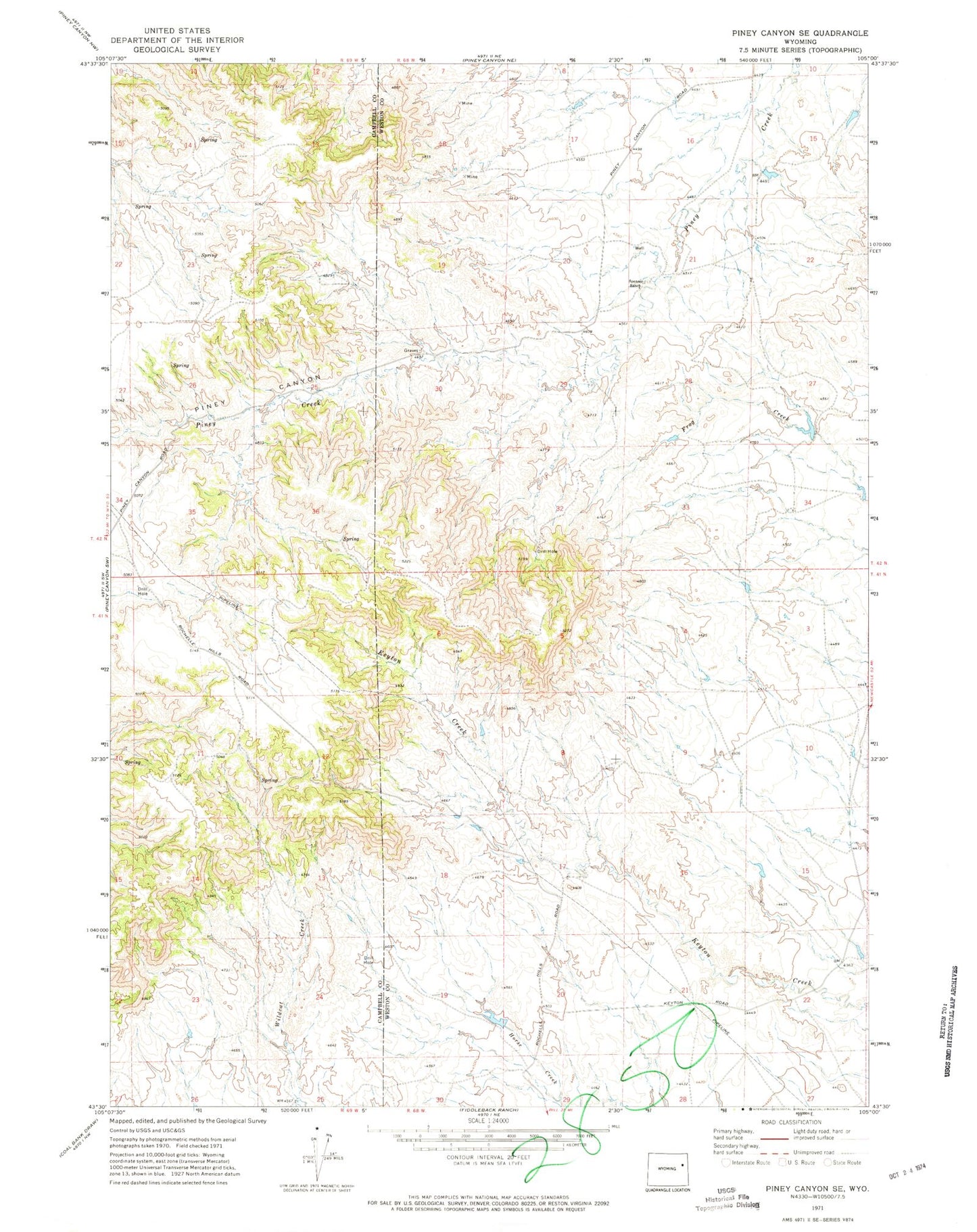Classic USGS Piney Canyon SE Wyoming 7.5'x7.5' Topo Map Image