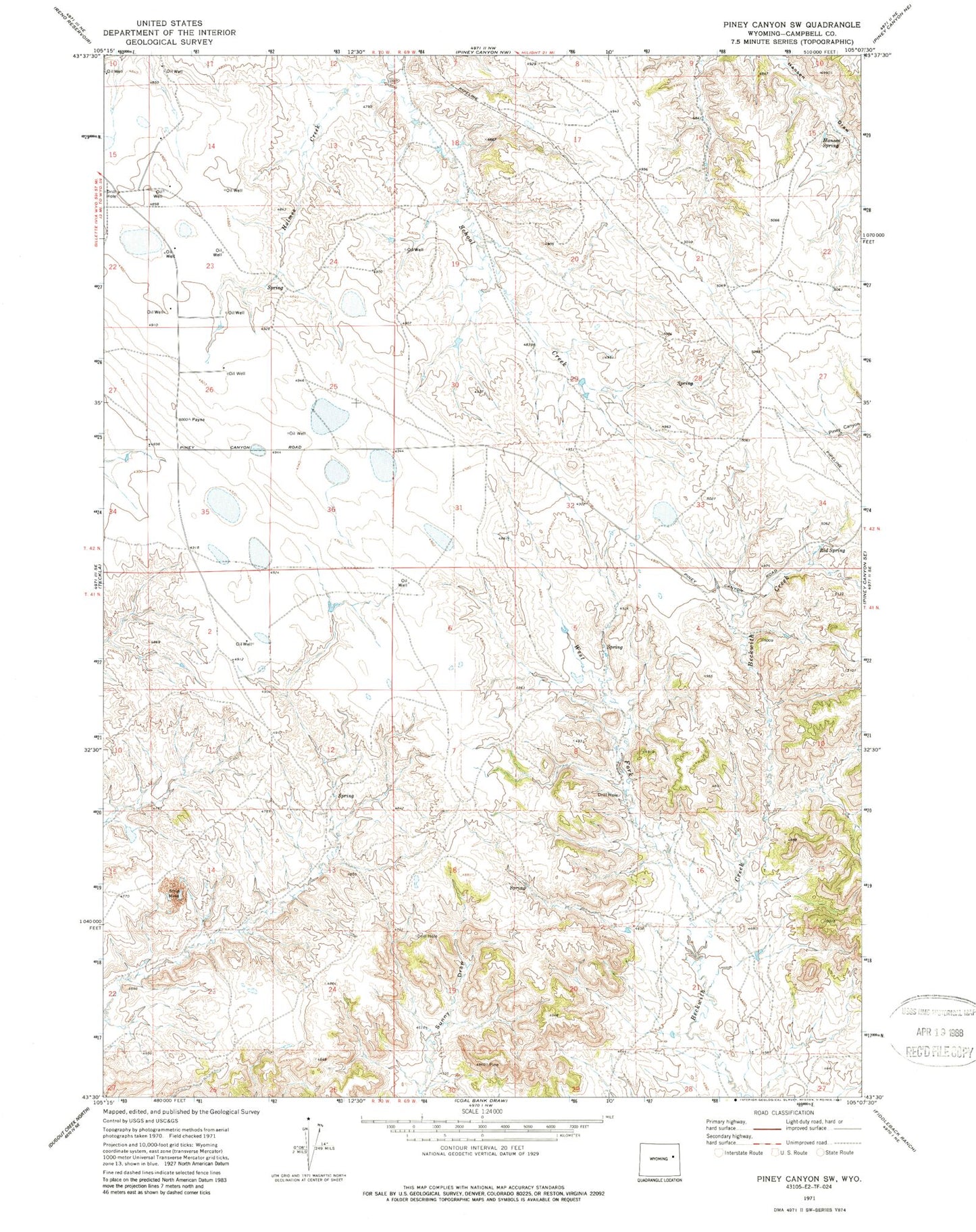 Classic USGS Piney Canyon SW Wyoming 7.5'x7.5' Topo Map Image