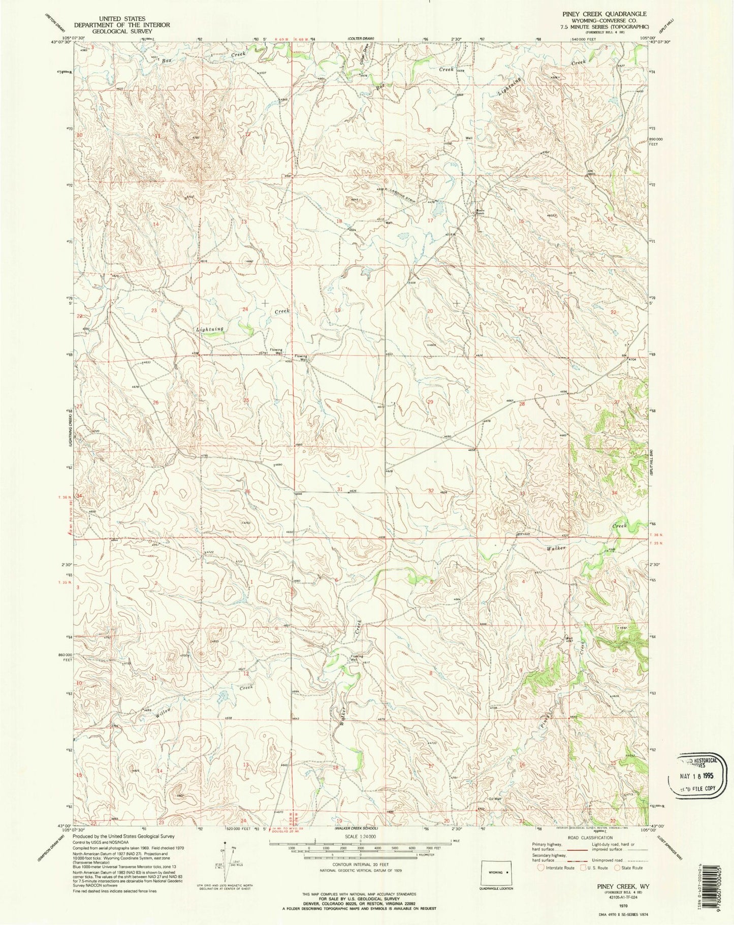 Classic USGS Piney Creek Wyoming 7.5'x7.5' Topo Map Image