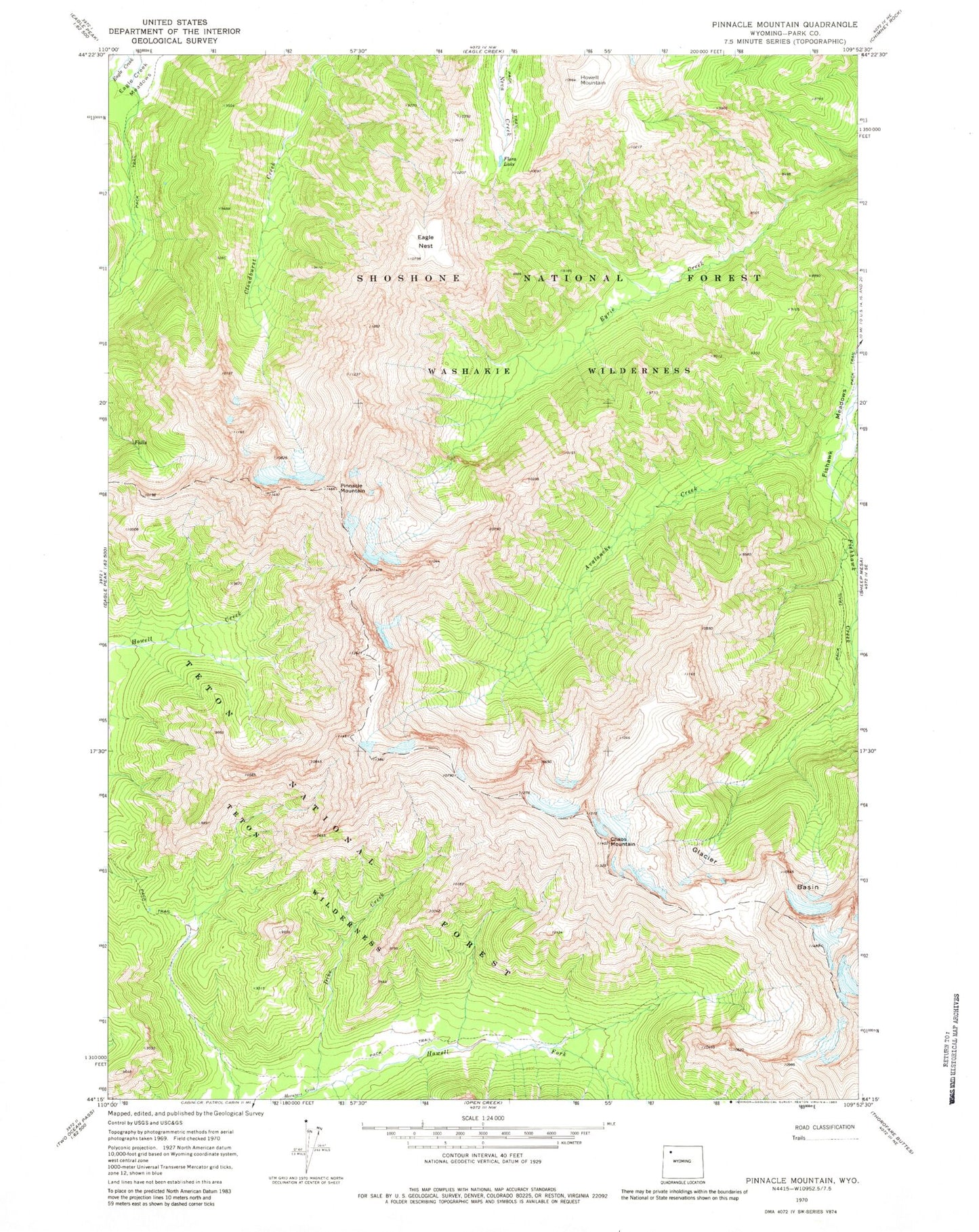 Classic USGS Pinnacle Mountain Wyoming 7.5'x7.5' Topo Map Image