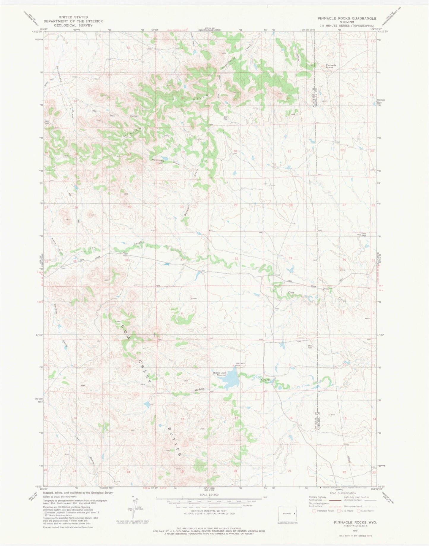Classic USGS Pinnacle Rocks Wyoming 7.5'x7.5' Topo Map Image