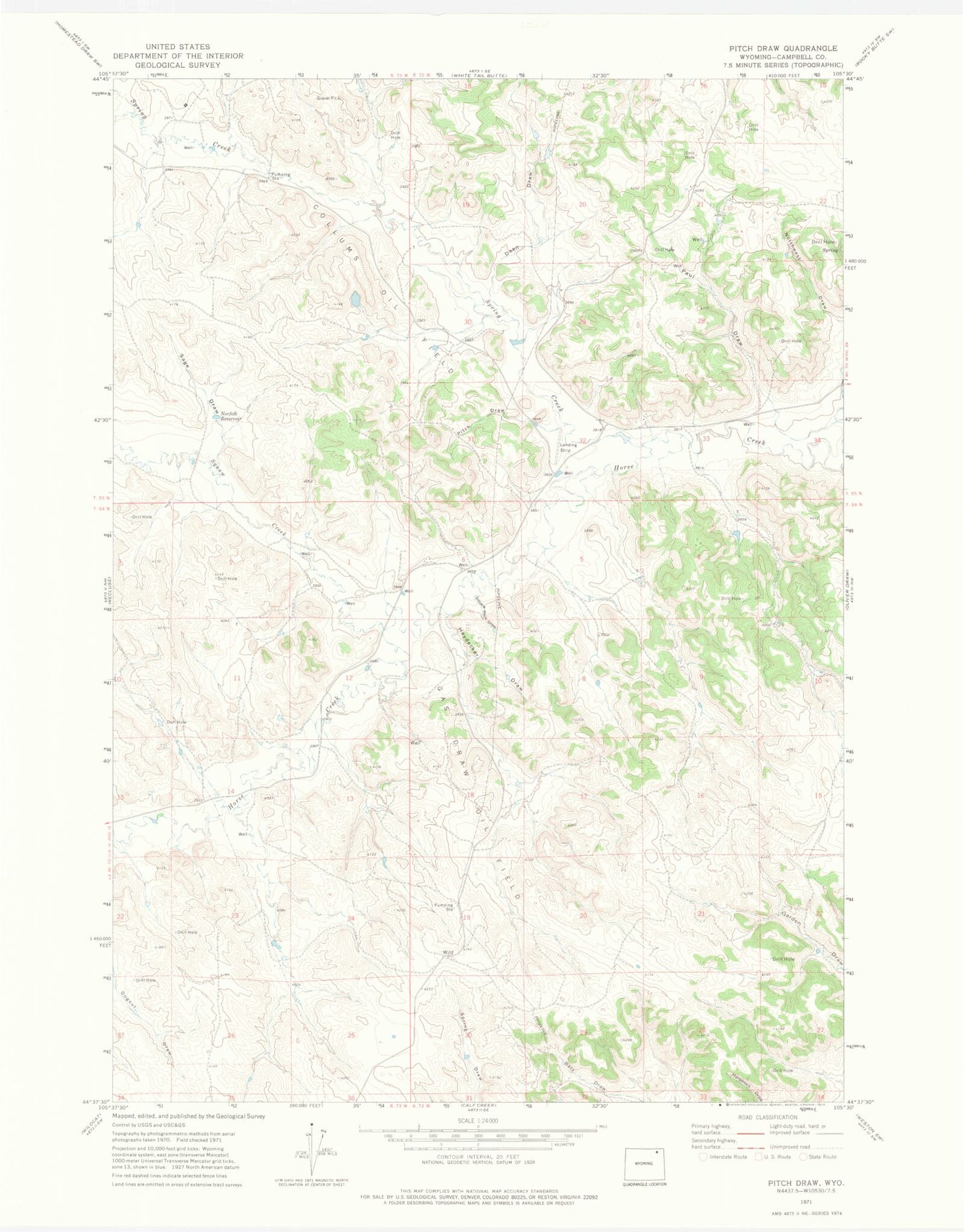 Classic USGS Pitch Draw Wyoming 7.5'x7.5' Topo Map Image