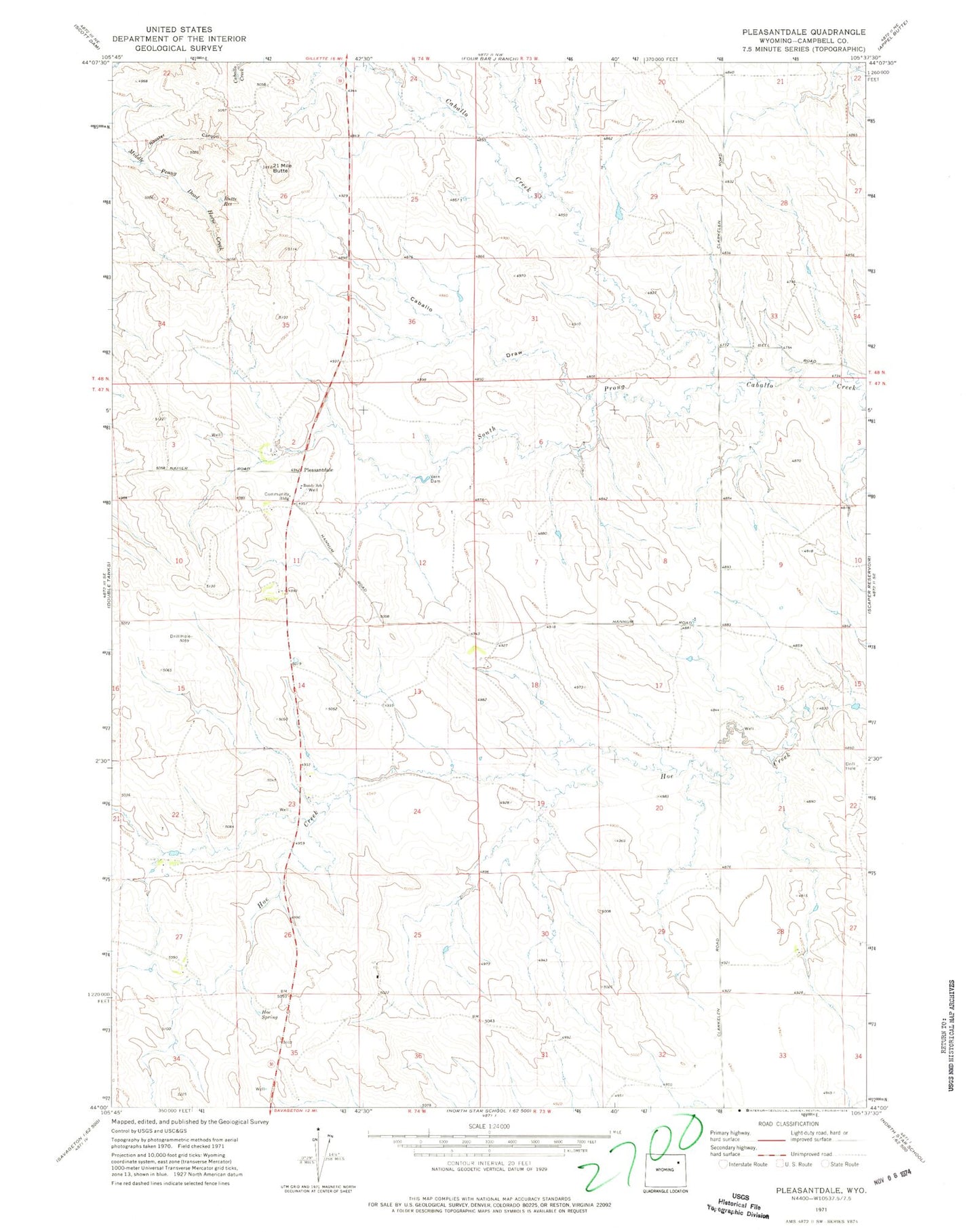 Classic USGS Pleasantdale Wyoming 7.5'x7.5' Topo Map Image