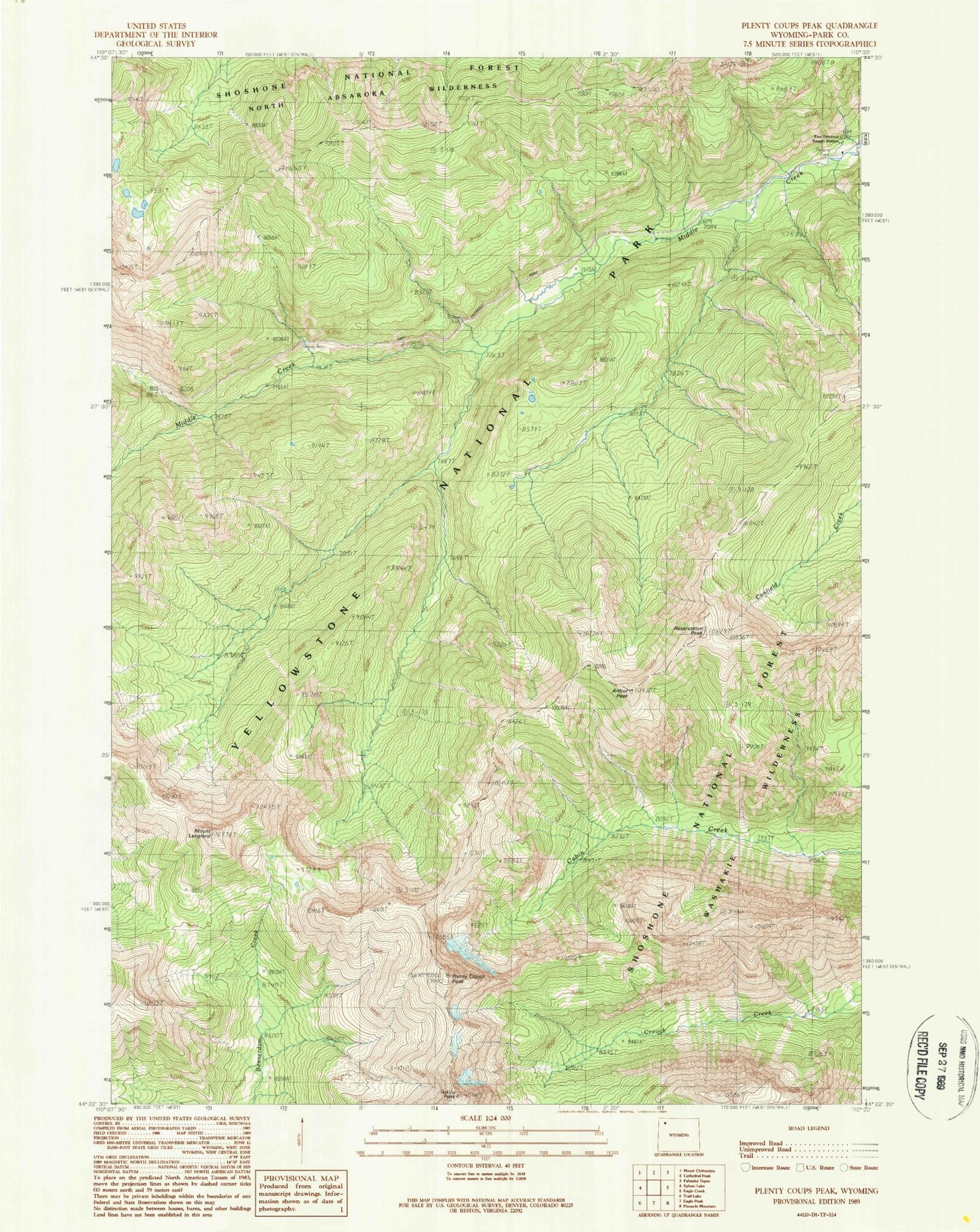 Classic USGS Plenty Coups Peak Wyoming 7.5'x7.5' Topo Map Image