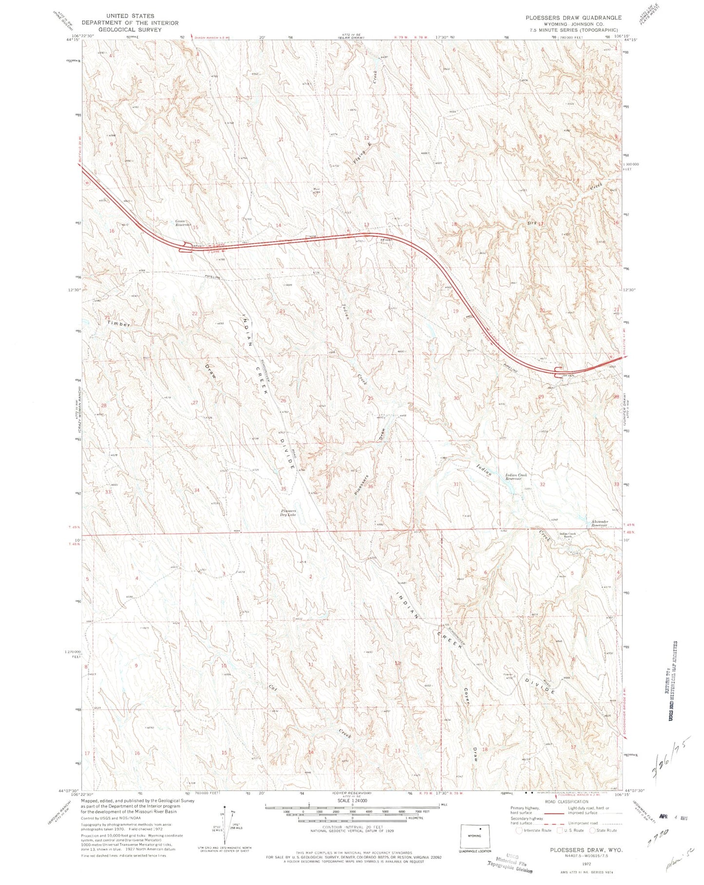 Classic USGS Ploessers Draw Wyoming 7.5'x7.5' Topo Map Image