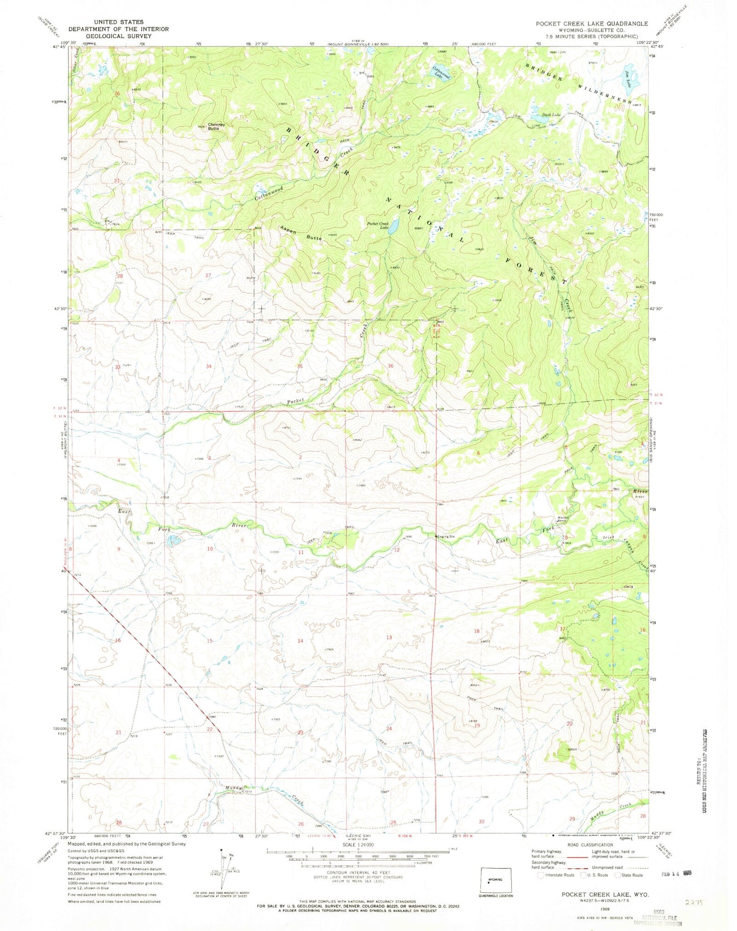 Classic USGS Pocket Creek Lake Wyoming 7.5'x7.5' Topo Map Image