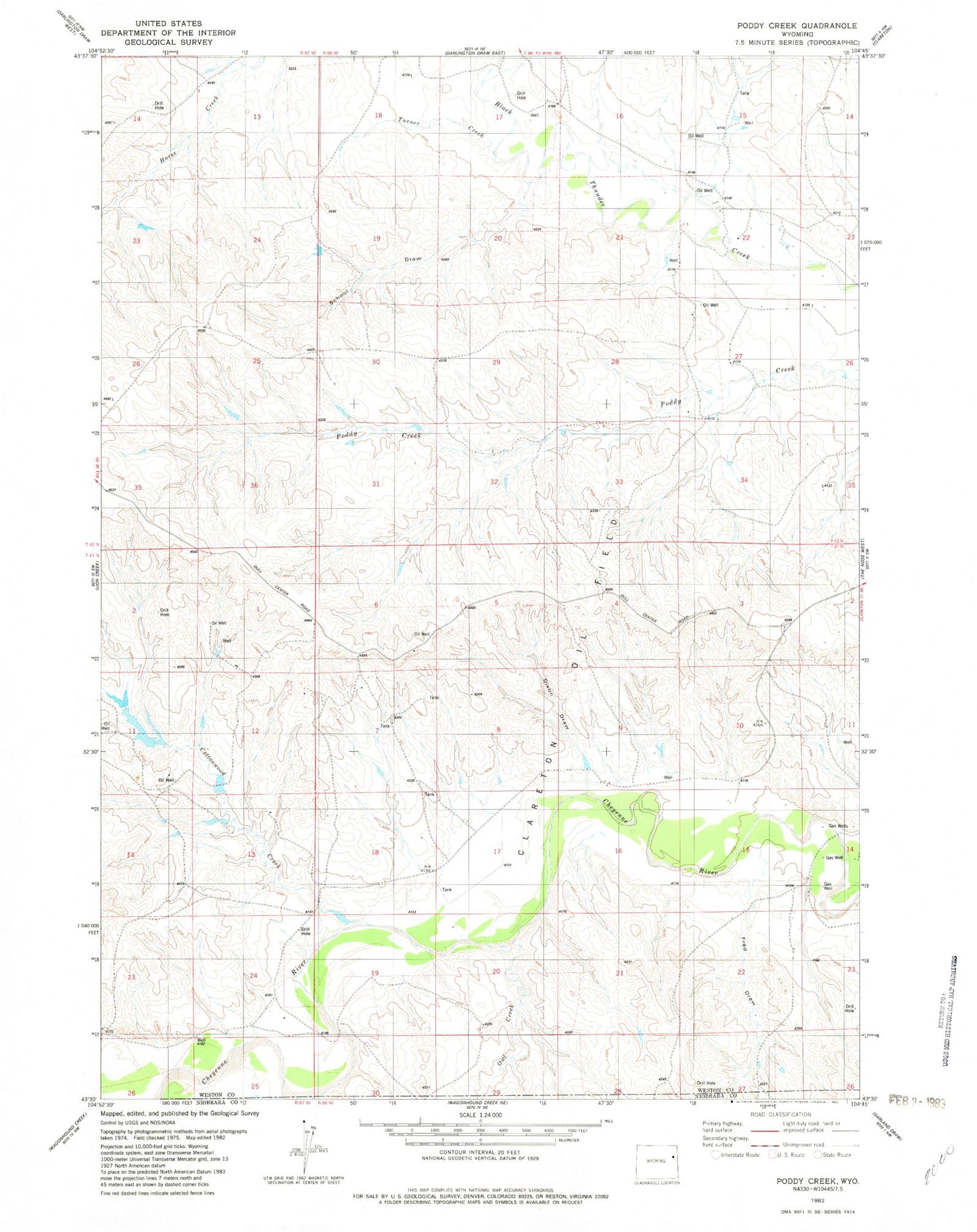 Classic USGS Poddy Creek Wyoming 7.5'x7.5' Topo Map Image
