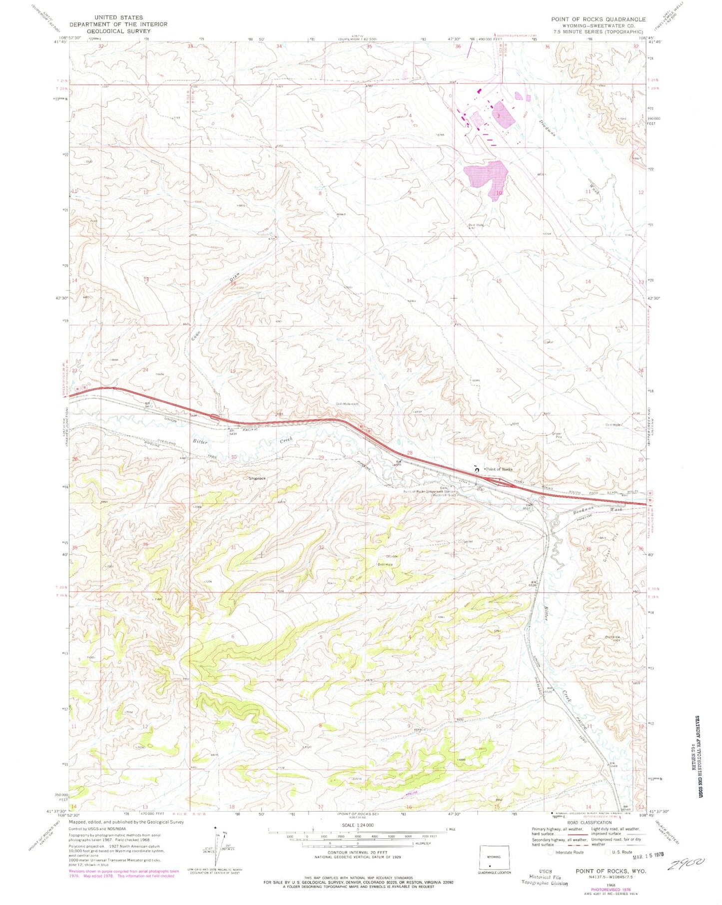 Classic USGS Point of Rocks Wyoming 7.5'x7.5' Topo Map Image