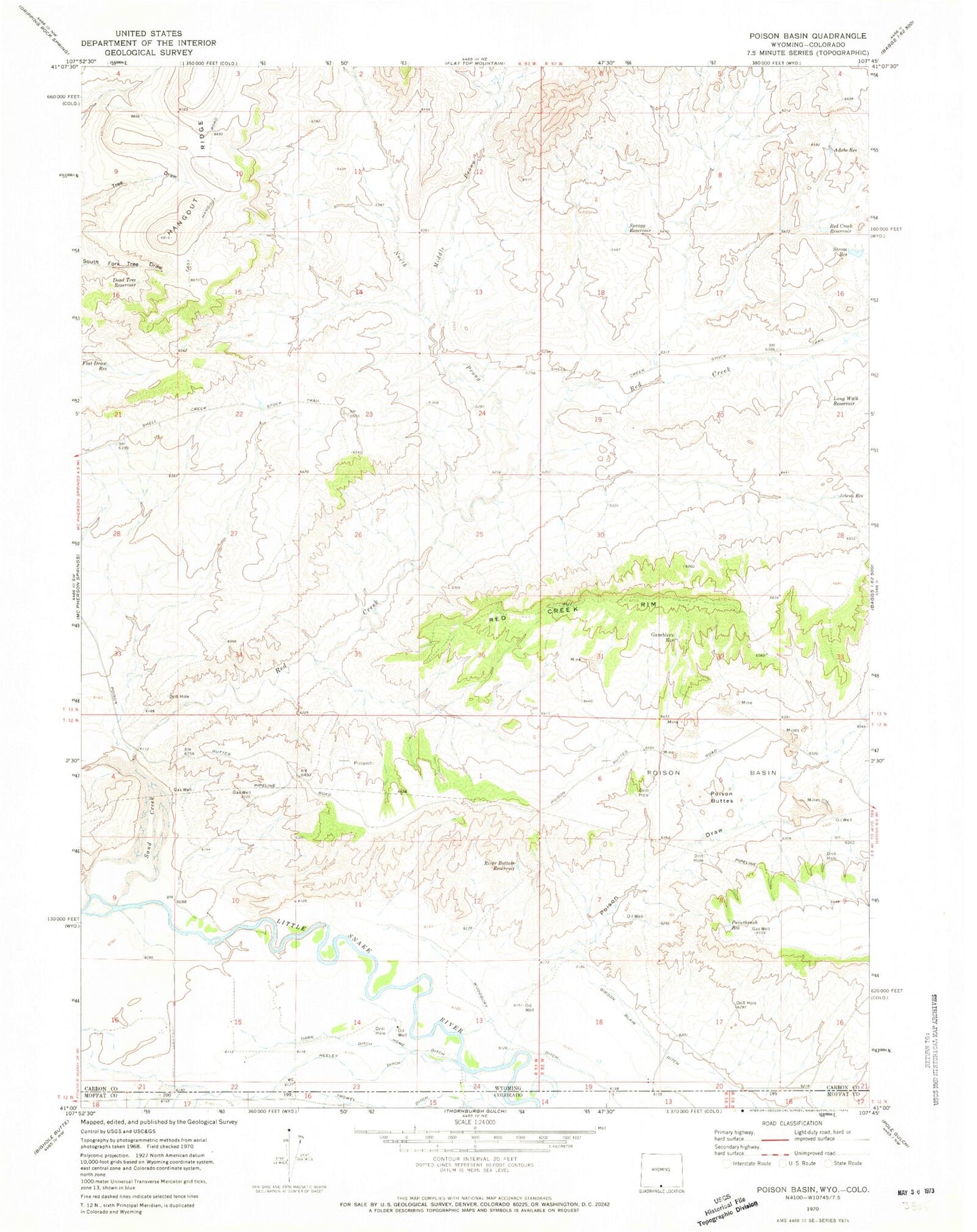 Classic USGS Poison Basin Wyoming 7.5'x7.5' Topo Map Image