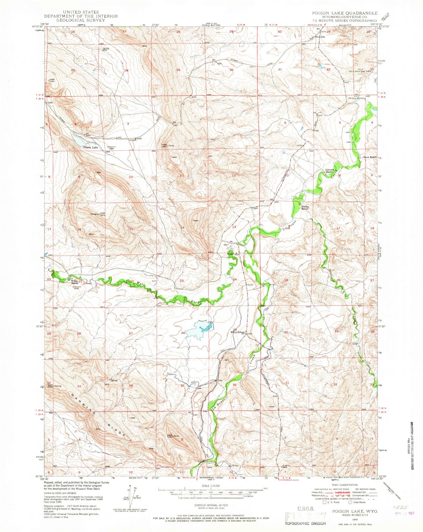 Classic USGS Poison Lake Wyoming 7.5'x7.5' Topo Map Image