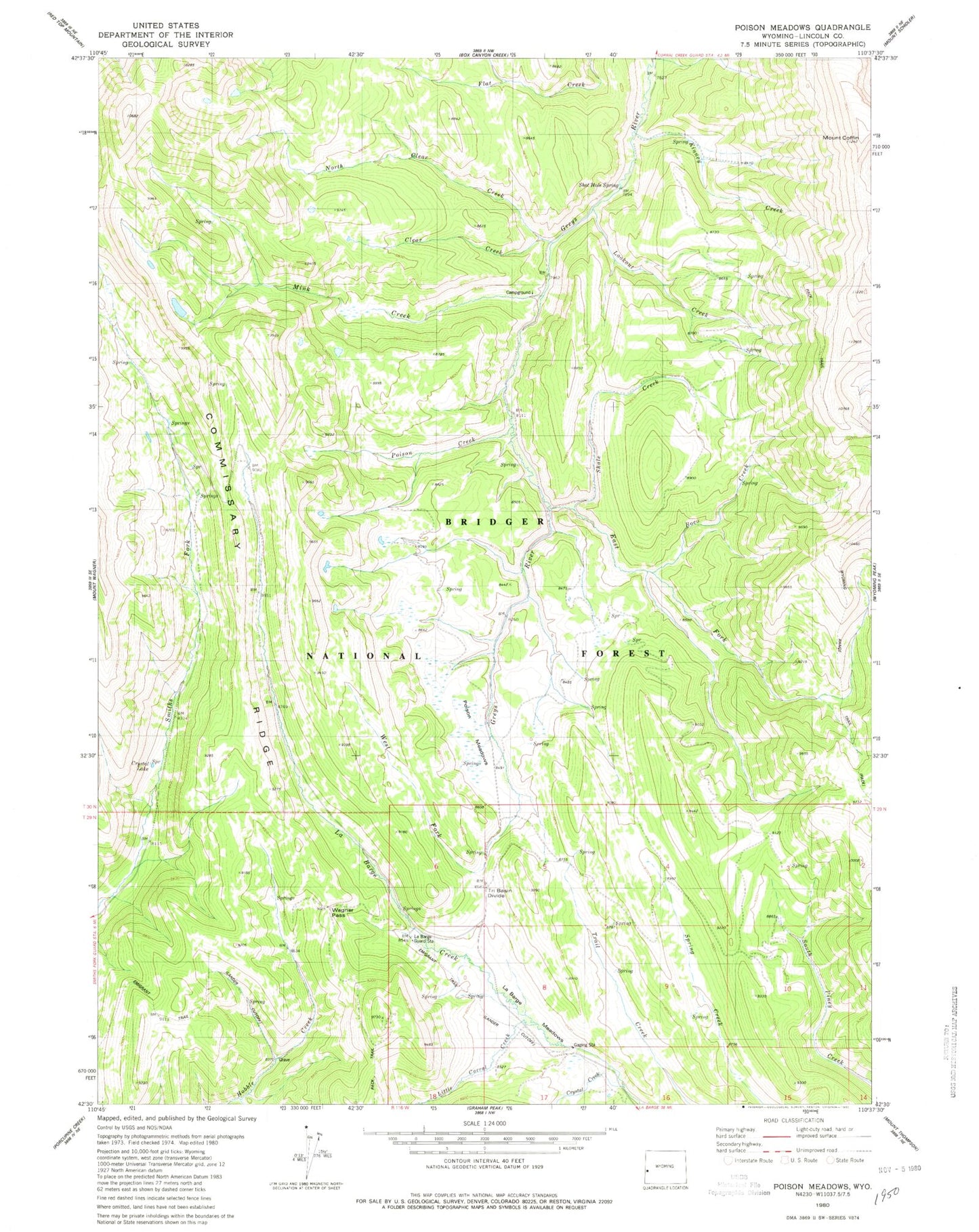 Classic USGS Poison Meadows Wyoming 7.5'x7.5' Topo Map Image
