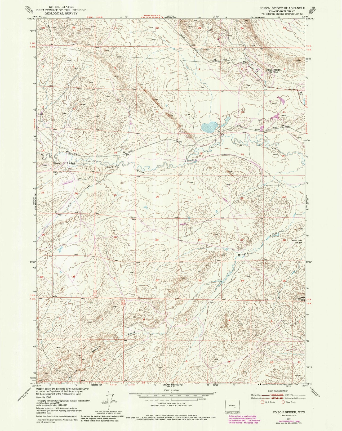 Classic USGS Poison Spider Wyoming 7.5'x7.5' Topo Map Image