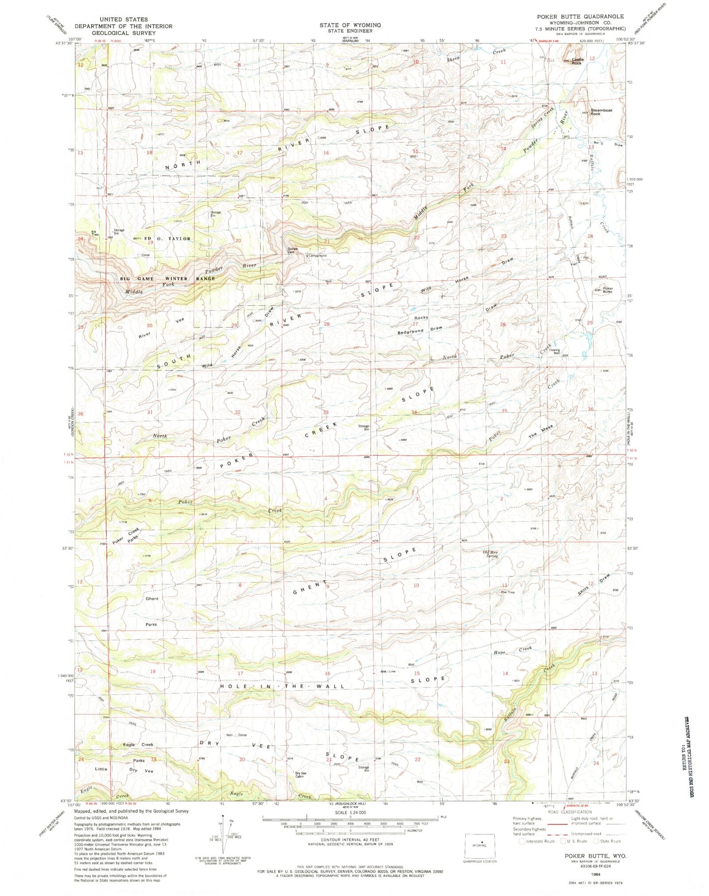 Classic USGS Poker Butte Wyoming 7.5'x7.5' Topo Map Image