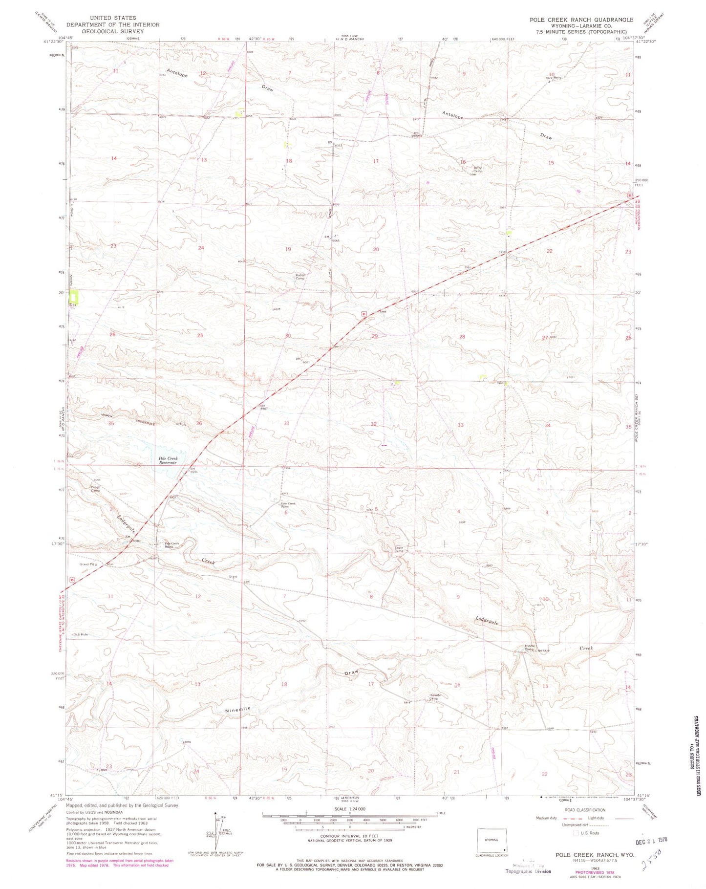 Classic USGS Pole Creek Ranch Wyoming 7.5'x7.5' Topo Map Image