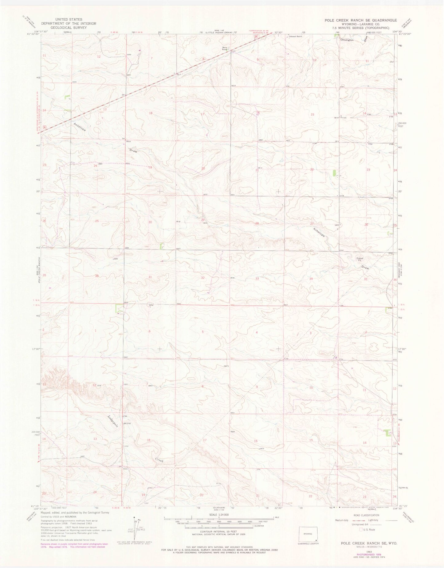 Classic USGS Pole Creek Ranch SE Wyoming 7.5'x7.5' Topo Map Image