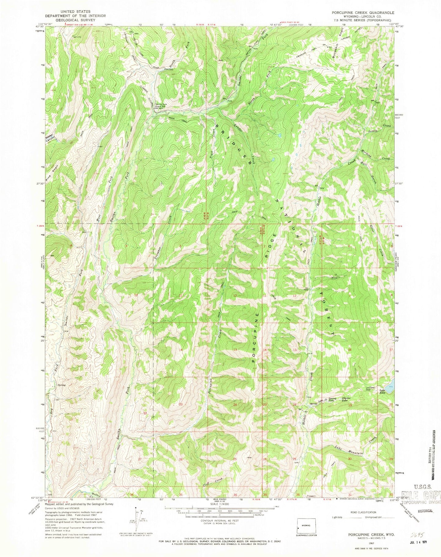 Classic USGS Porcupine Creek Wyoming 7.5'x7.5' Topo Map Image