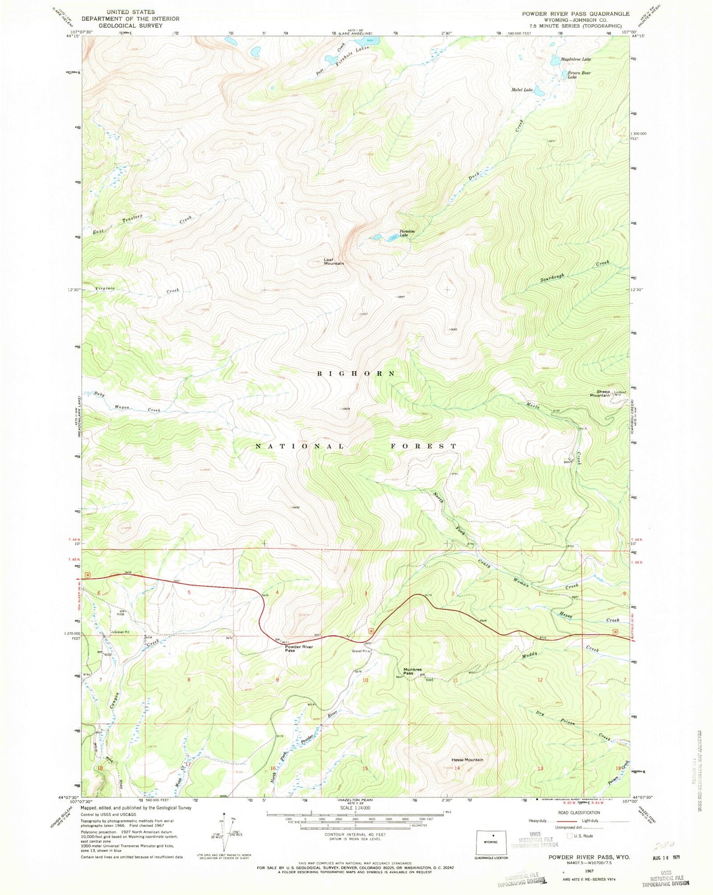 Classic USGS Powder River Pass Wyoming 7.5'x7.5' Topo Map Image