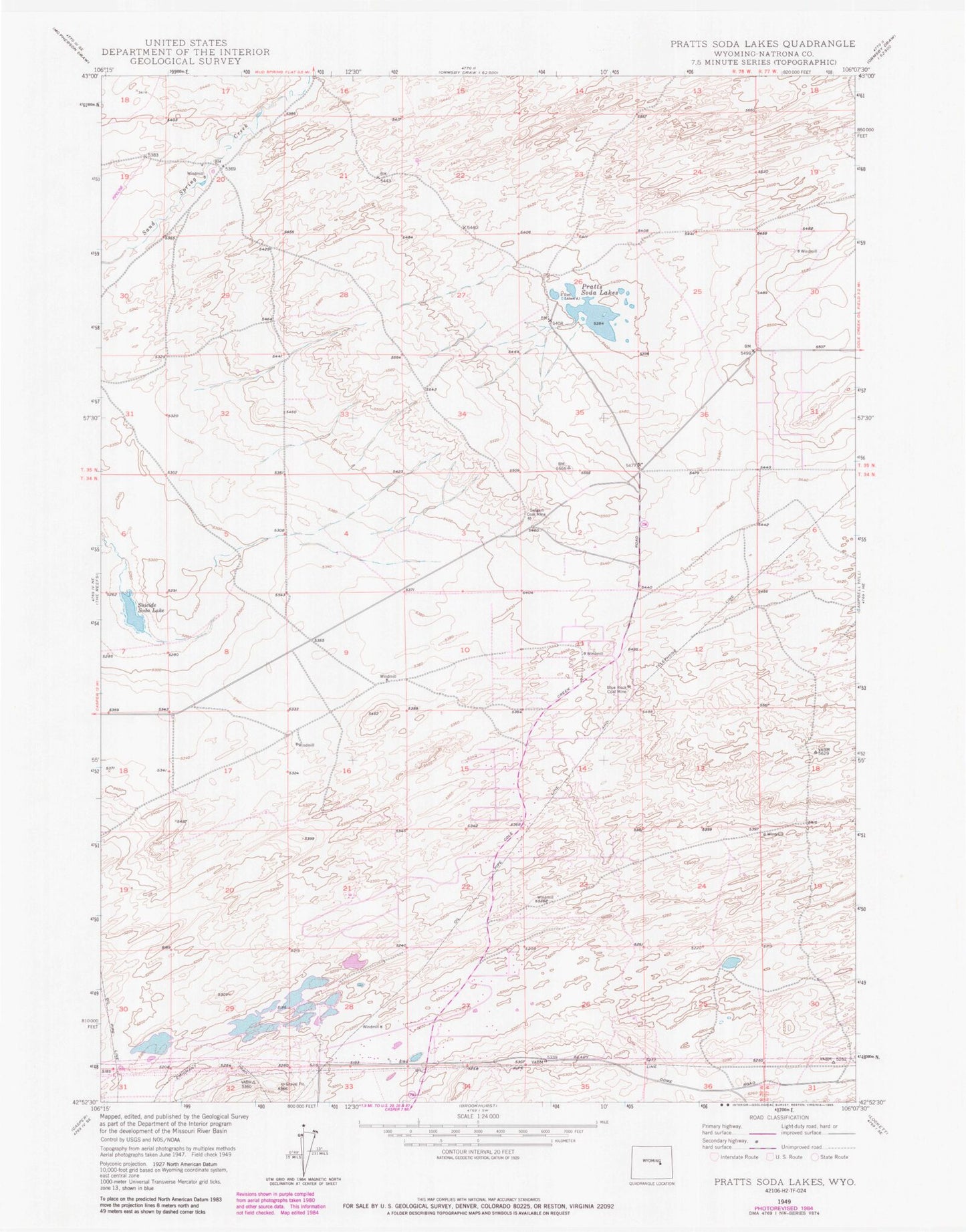 Classic USGS Pratts Soda Lakes Wyoming 7.5'x7.5' Topo Map Image