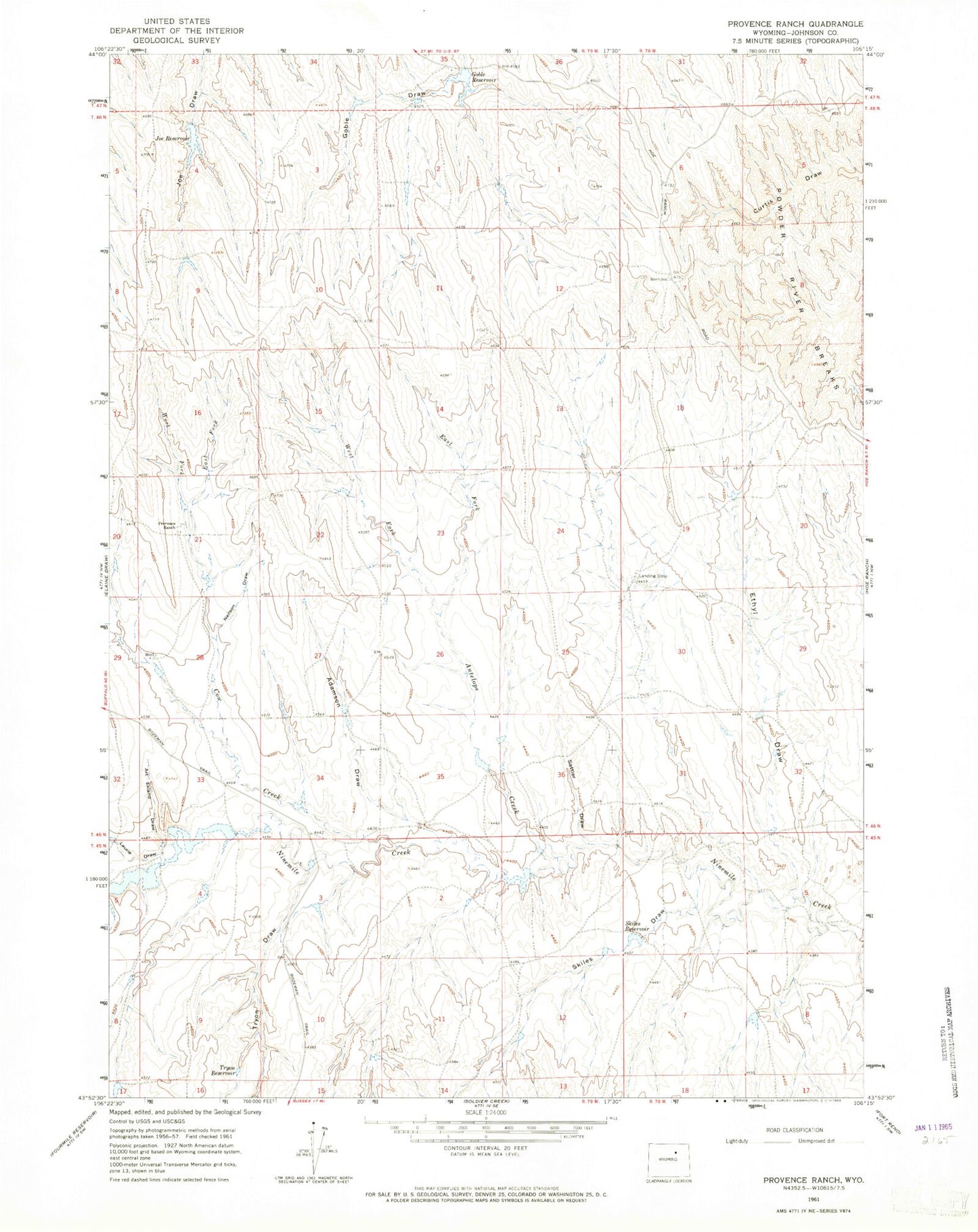 Classic USGS Provence Ranch Wyoming 7.5'x7.5' Topo Map Image