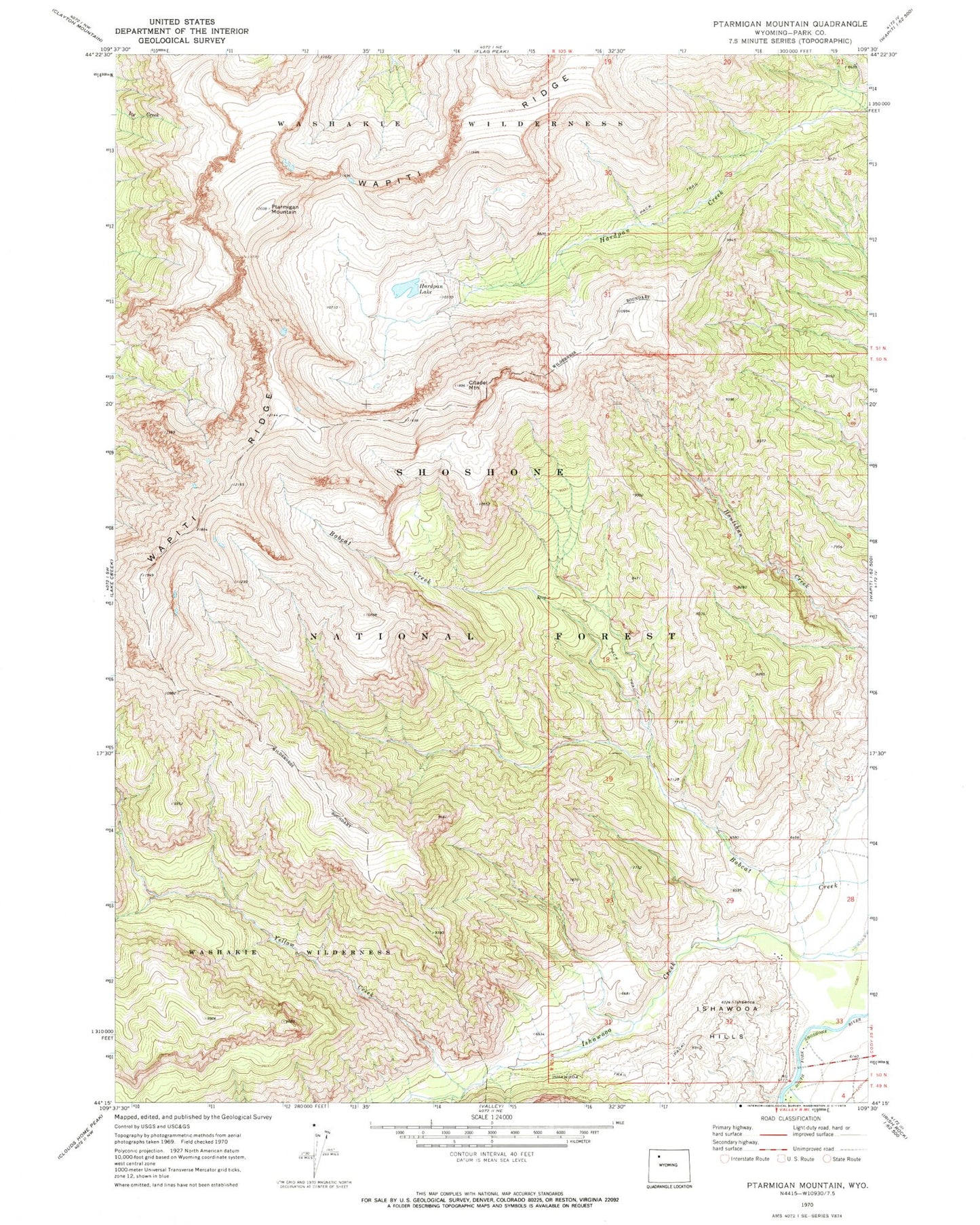 Classic USGS Ptarmigan Mountain Wyoming 7.5'x7.5' Topo Map Image