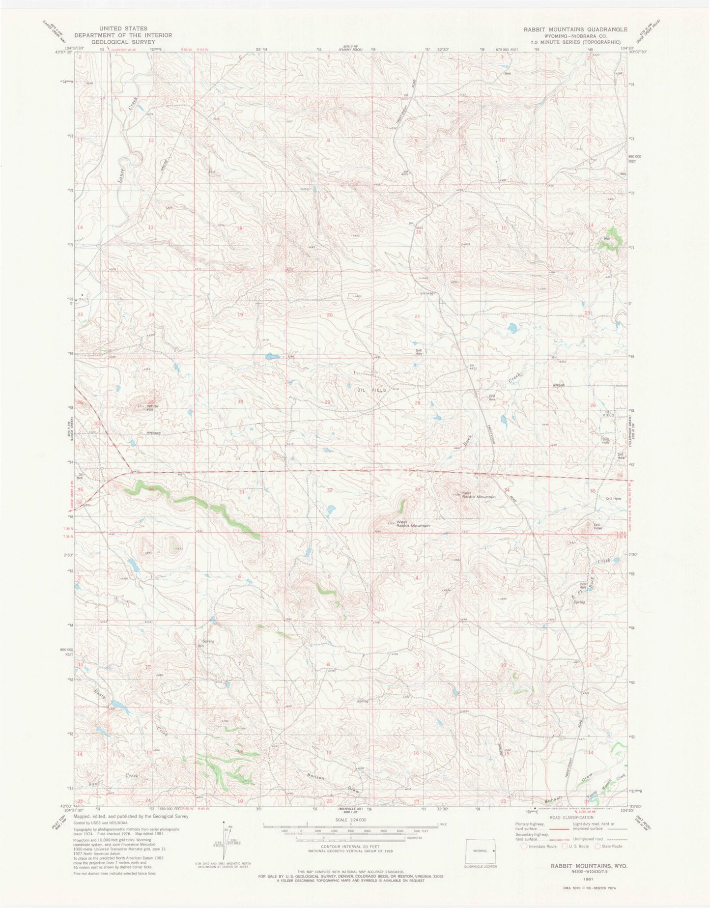 Classic USGS Rabbit Mountains Wyoming 7.5'x7.5' Topo Map Image