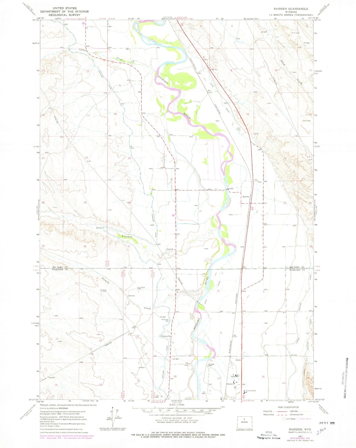 Classic USGS Rairden Wyoming 7.5'x7.5' Topo Map Image