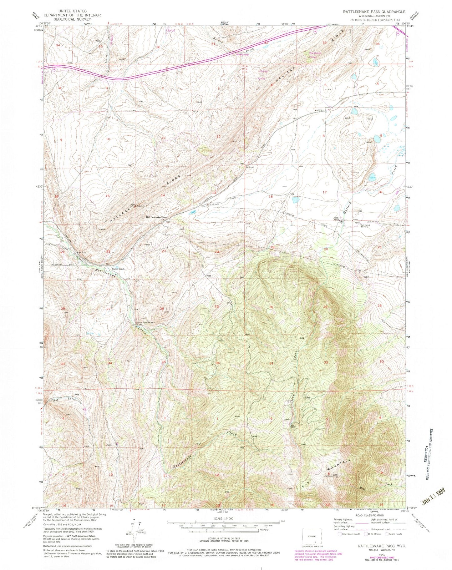 Classic USGS Rattlesnake Pass Wyoming 7.5'x7.5' Topo Map Image