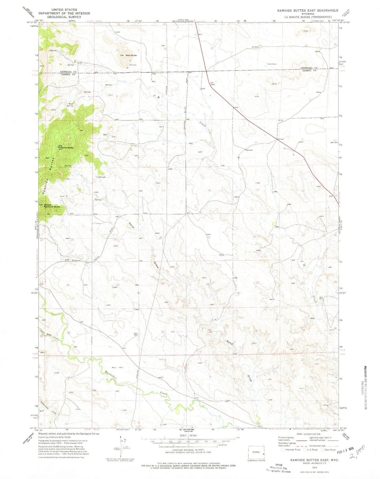 Classic USGS Rawhide Buttes East Wyoming 7.5'x7.5' Topo Map Image