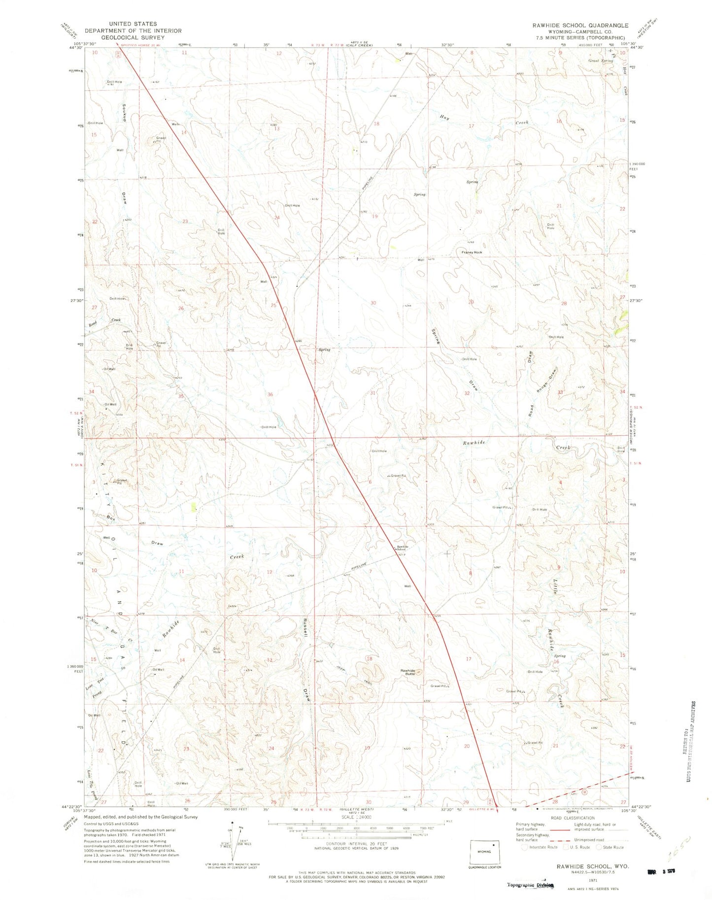 Classic USGS Rawhide School Wyoming 7.5'x7.5' Topo Map Image