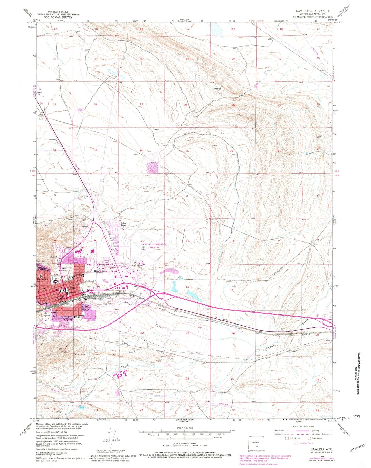 Classic USGS Rawlins Wyoming 7.5'x7.5' Topo Map Image